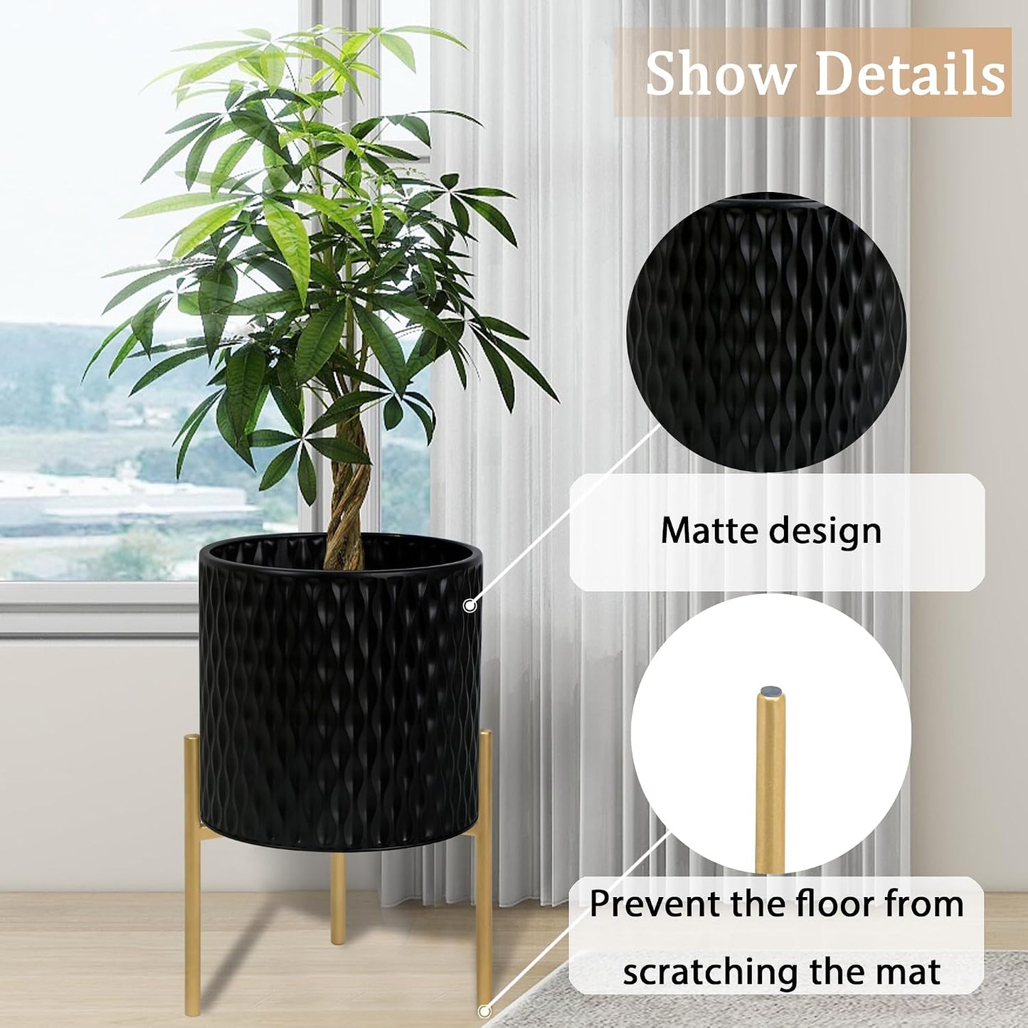 ARNIS Plants Pots with Stand, Set of 2 Planters, Unique Mid Century Decorative Metal Flower Pots with Drainage, 8.25 &