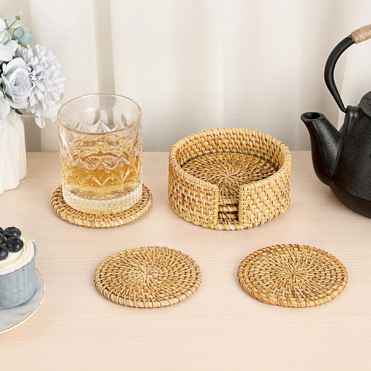 Holder / Boho Cup Coaster / Natural Rattan / Set of 6