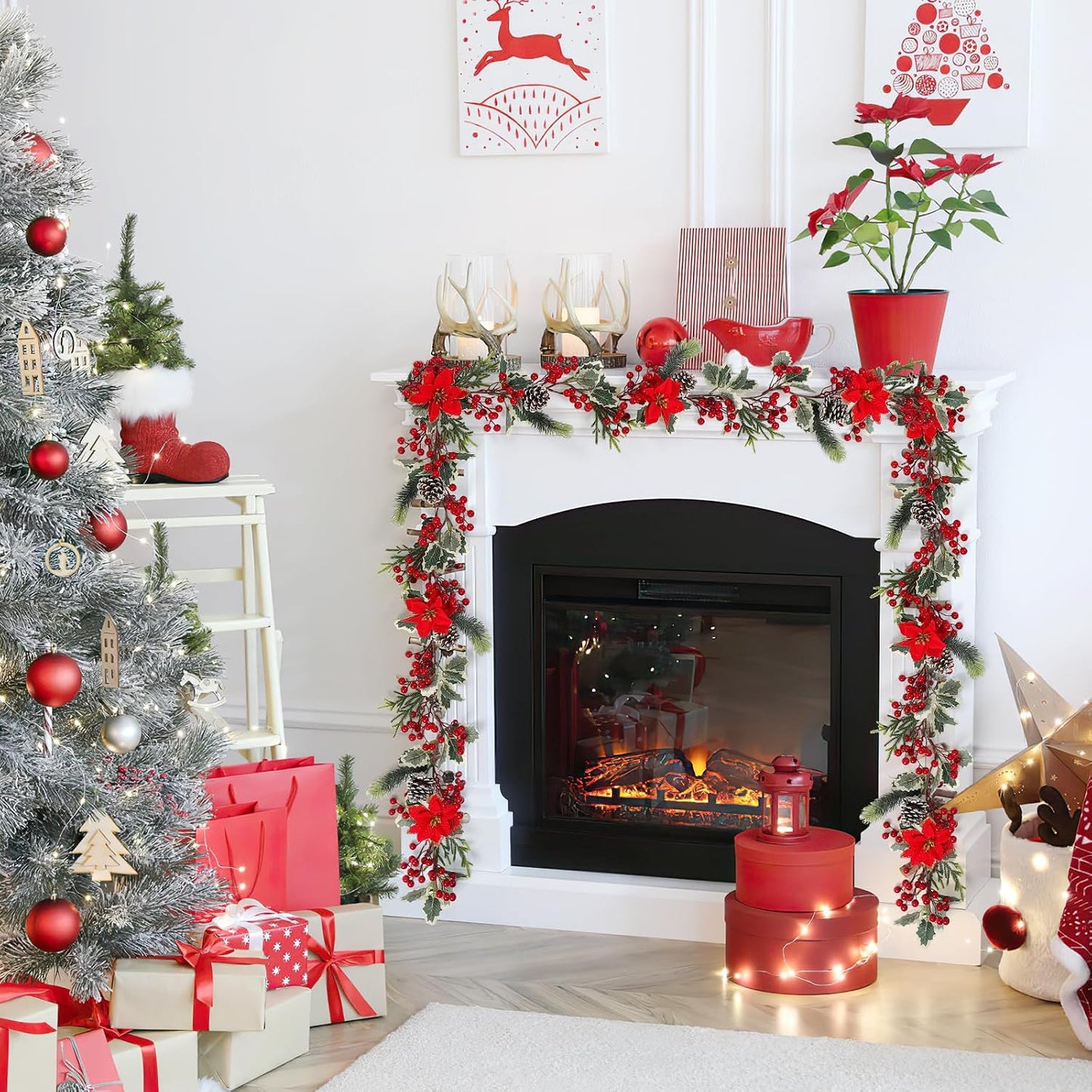 TOCHGREEN 12FT Red Berry Christmas Garland,Artificial Berries Garland with Pine Cones,Poinsettia Flowers and Holly
