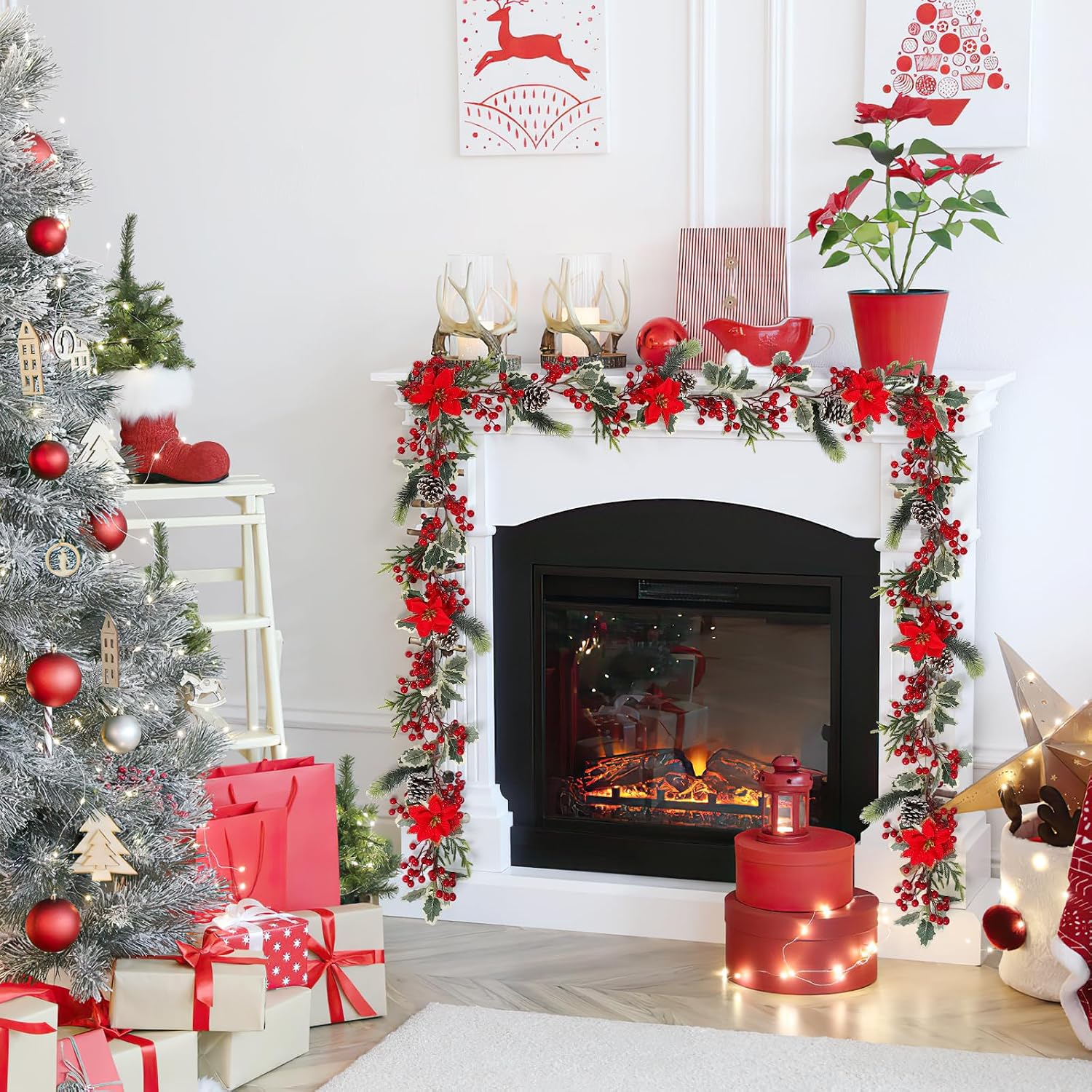 TOCHGREEN 12FT Red Berry Christmas Garland,Artificial Berries Garland with Pine Cones,Poinsettia Flowers and Holly