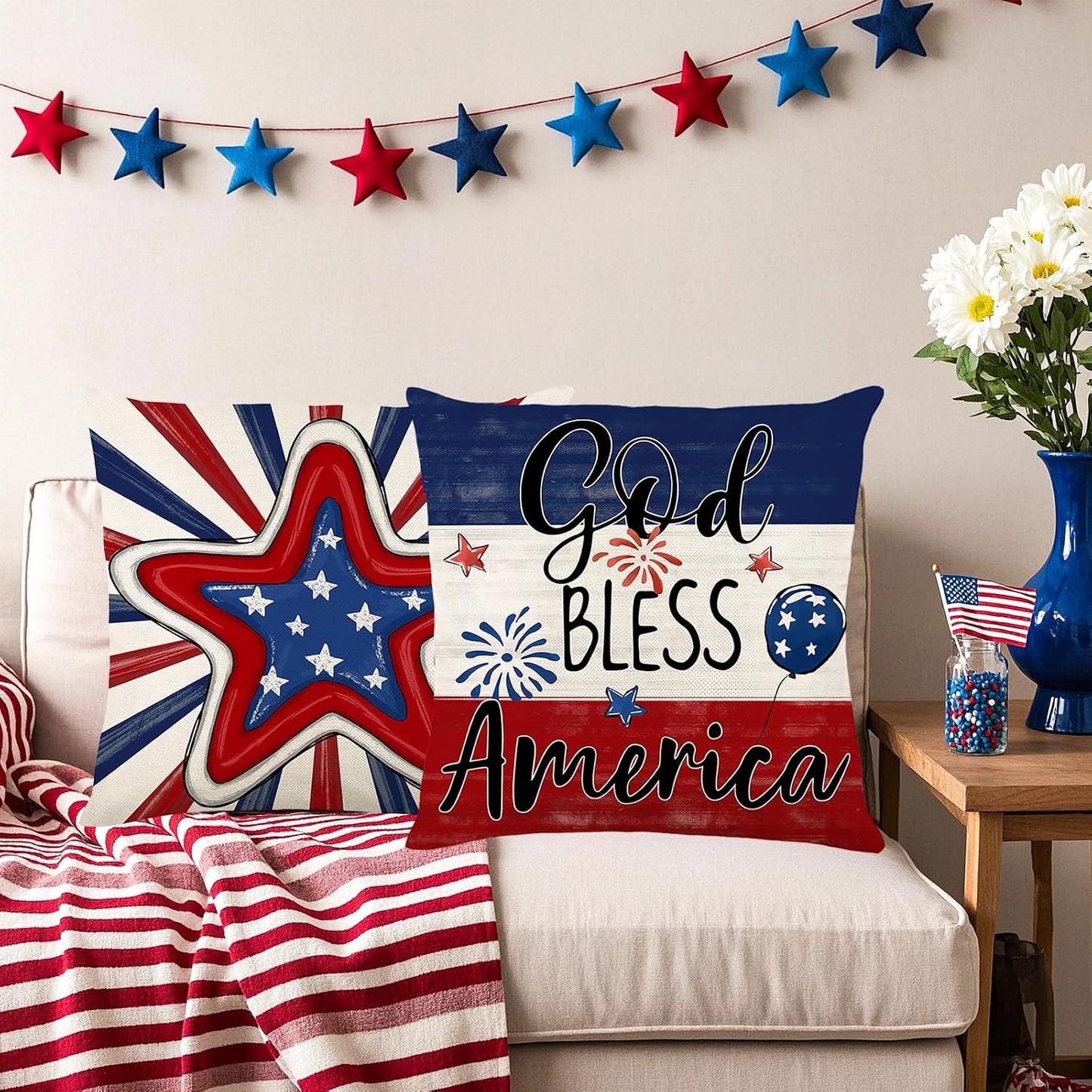 Patriotic Pillow Covers / Red White Blue 2 / 18 x 18 / Set of 4