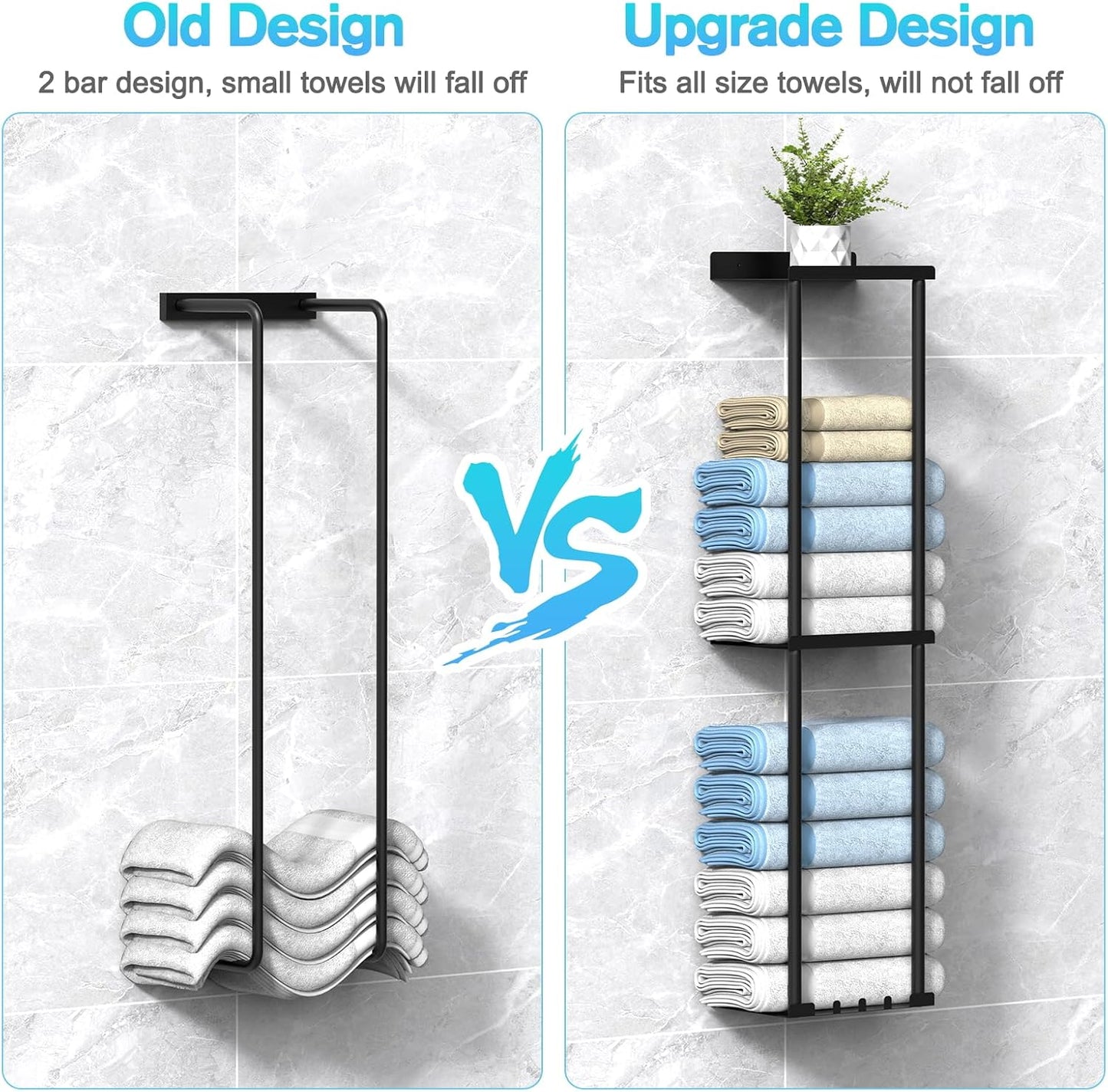 Liuoud Towel Rack for Bathroom, Wall Mounted Vertical Rolled Towel Storage Organizer Holder with Shelf, Holds Up 6