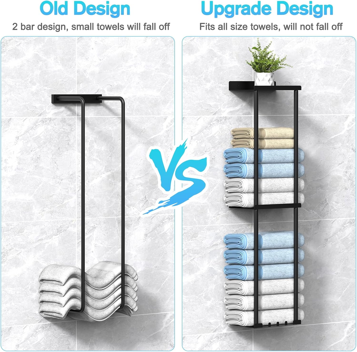 Liuoud Towel Rack for Bathroom, Wall Mounted Vertical Rolled Towel Storage Organizer Holder with Shelf, Holds Up 6