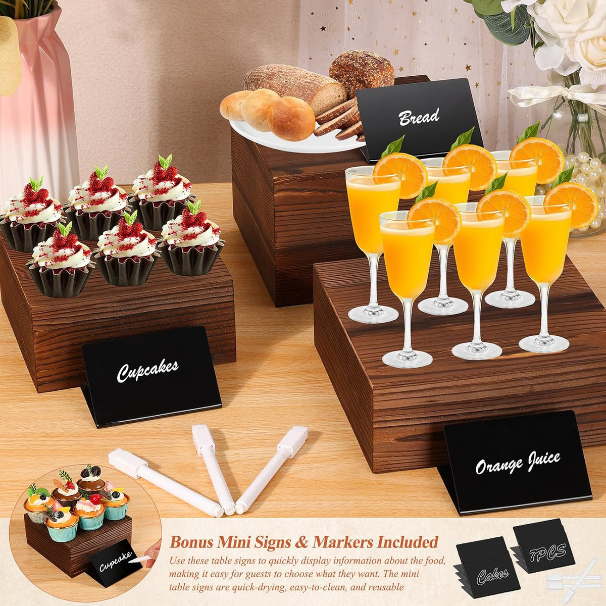 Qinzave 7 Pack Wooden Risers Display Stands with Acrylic Maker Pen and Mini Sign, Food Risers for Buffet Table Shelf