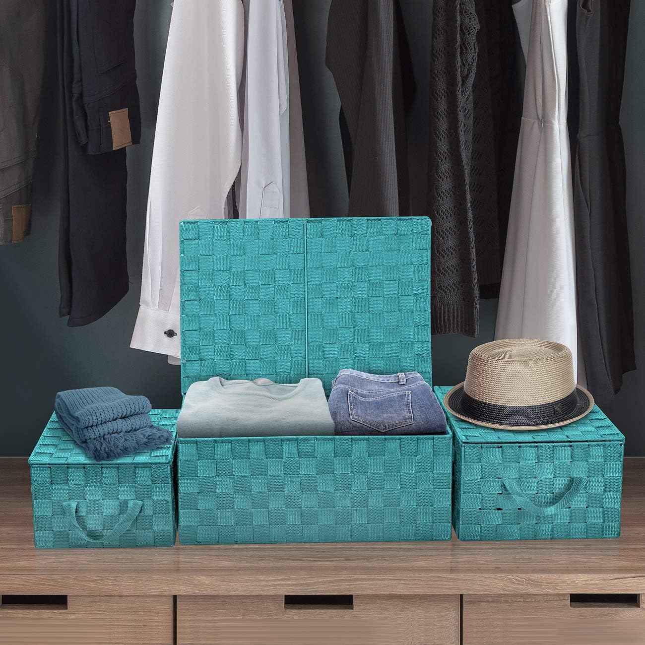 Hand-Woven Storage Baskets / Woven Lid Baskets - Aqua / Set of 3