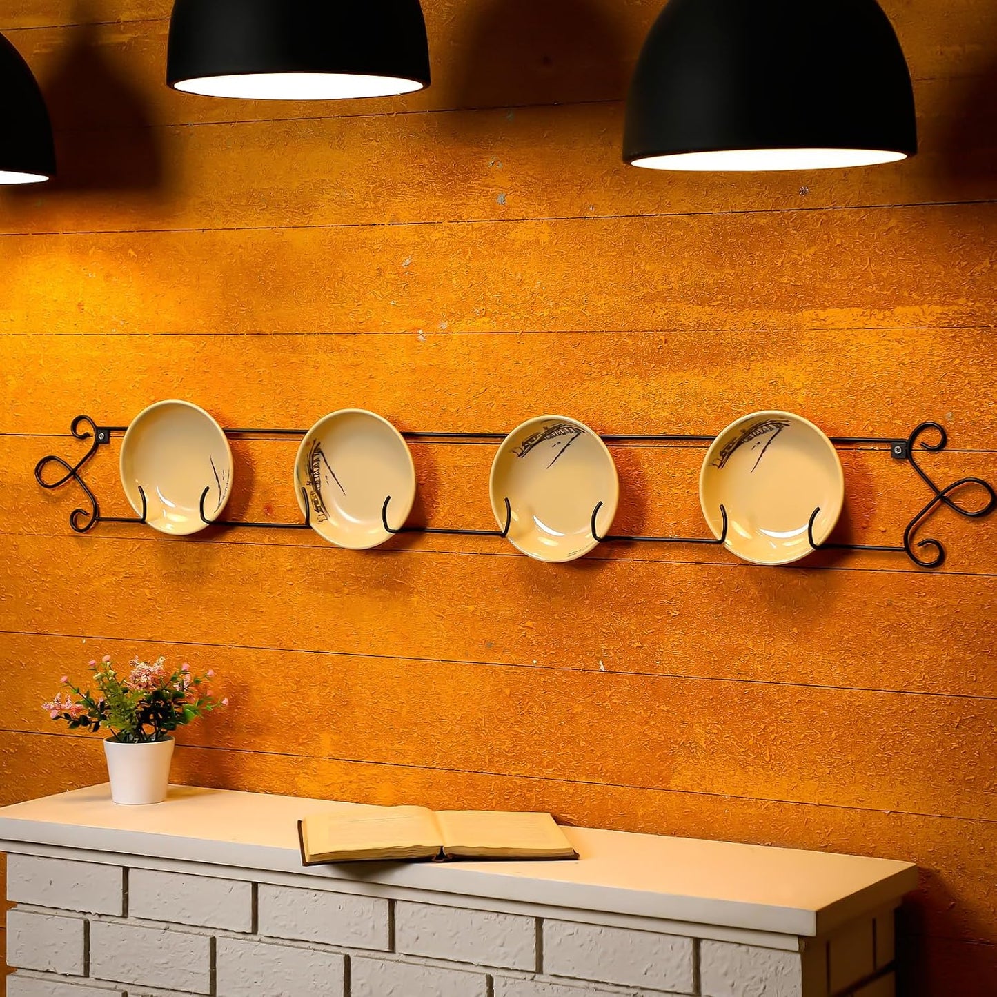 Yaocom 2 Pcs Horizontal Plate Rack Black Large Plate Hangers for the Wall Metal Decorative with 4 Non Adjustable