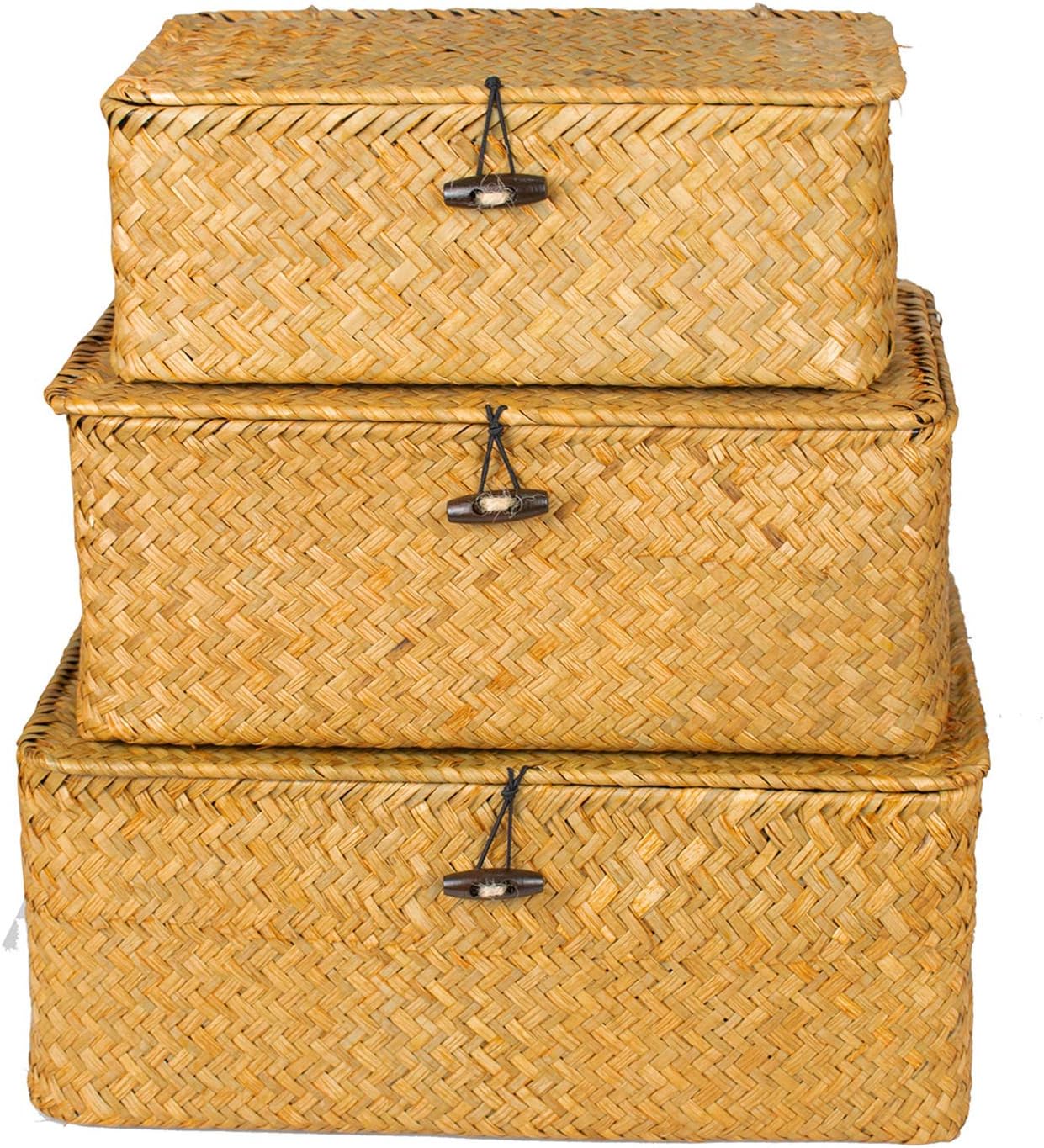 Compact Handwoven Seagrass Storage Bins Rectangular Wicker Basket / Set of 3