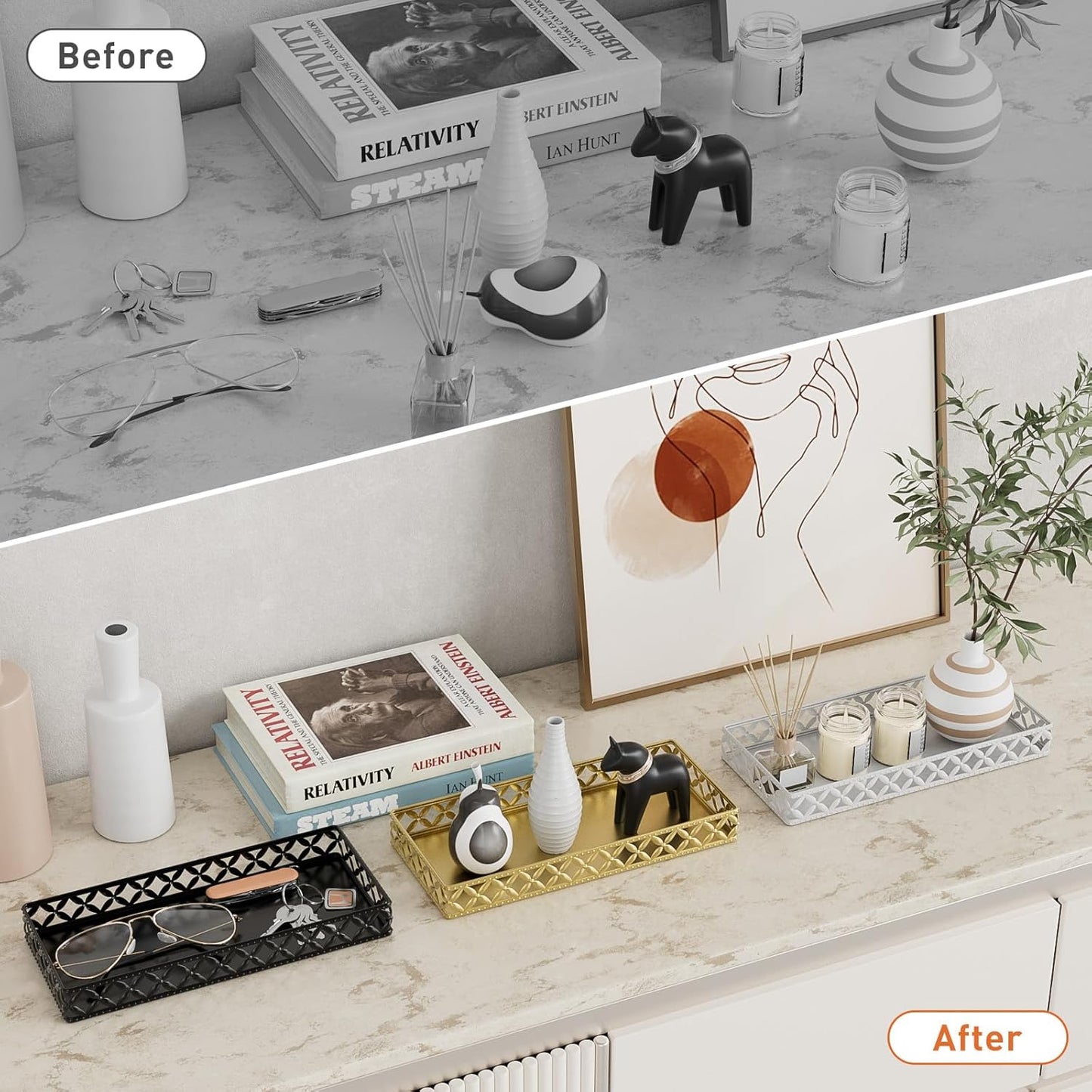 Bathroom Vanity Tray for Counter Organizer / Rectangle Floral-gold / 11 Inch