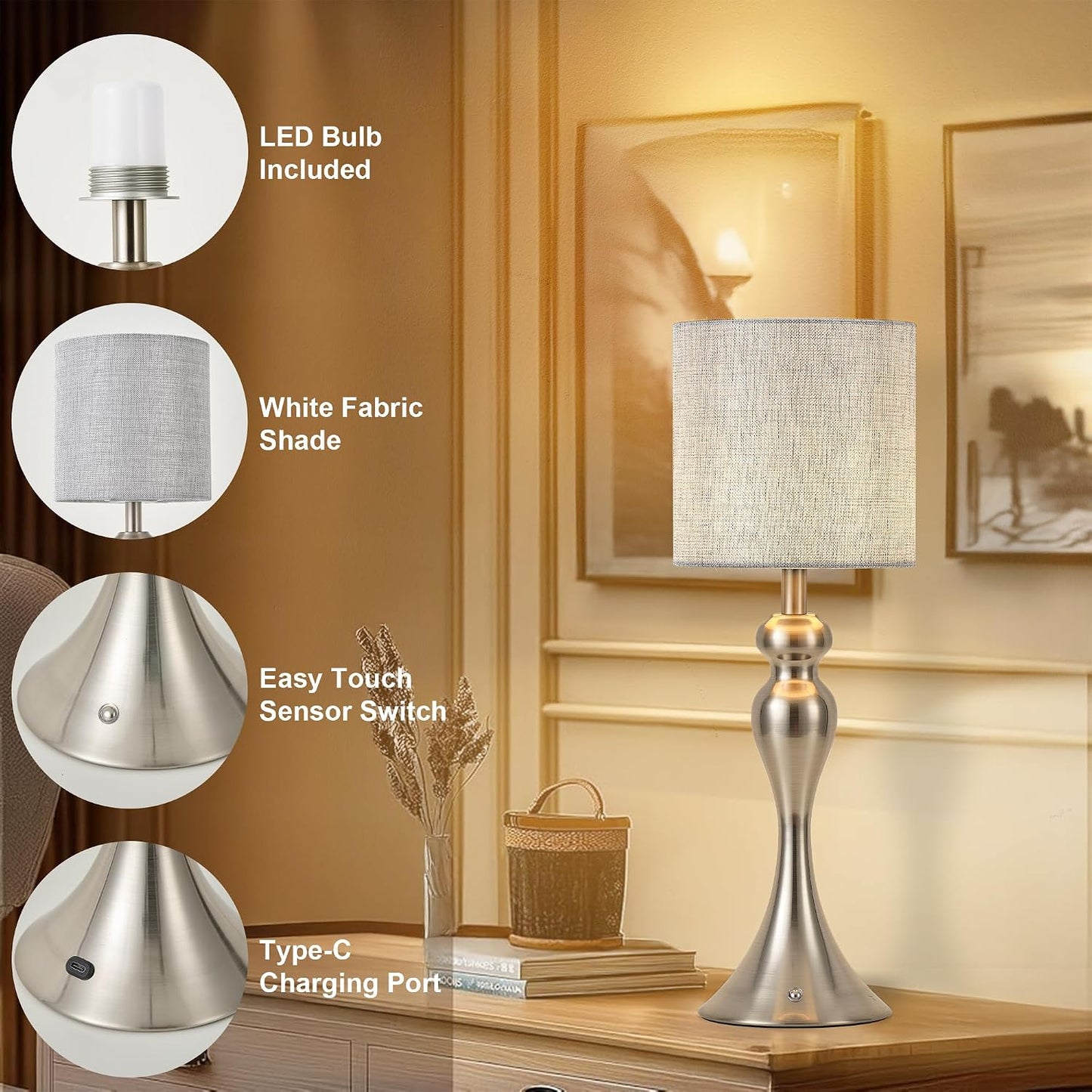 Touch 3-Way Dimmable Desk Lamp for Night Stands / Drum Shade - Nickel