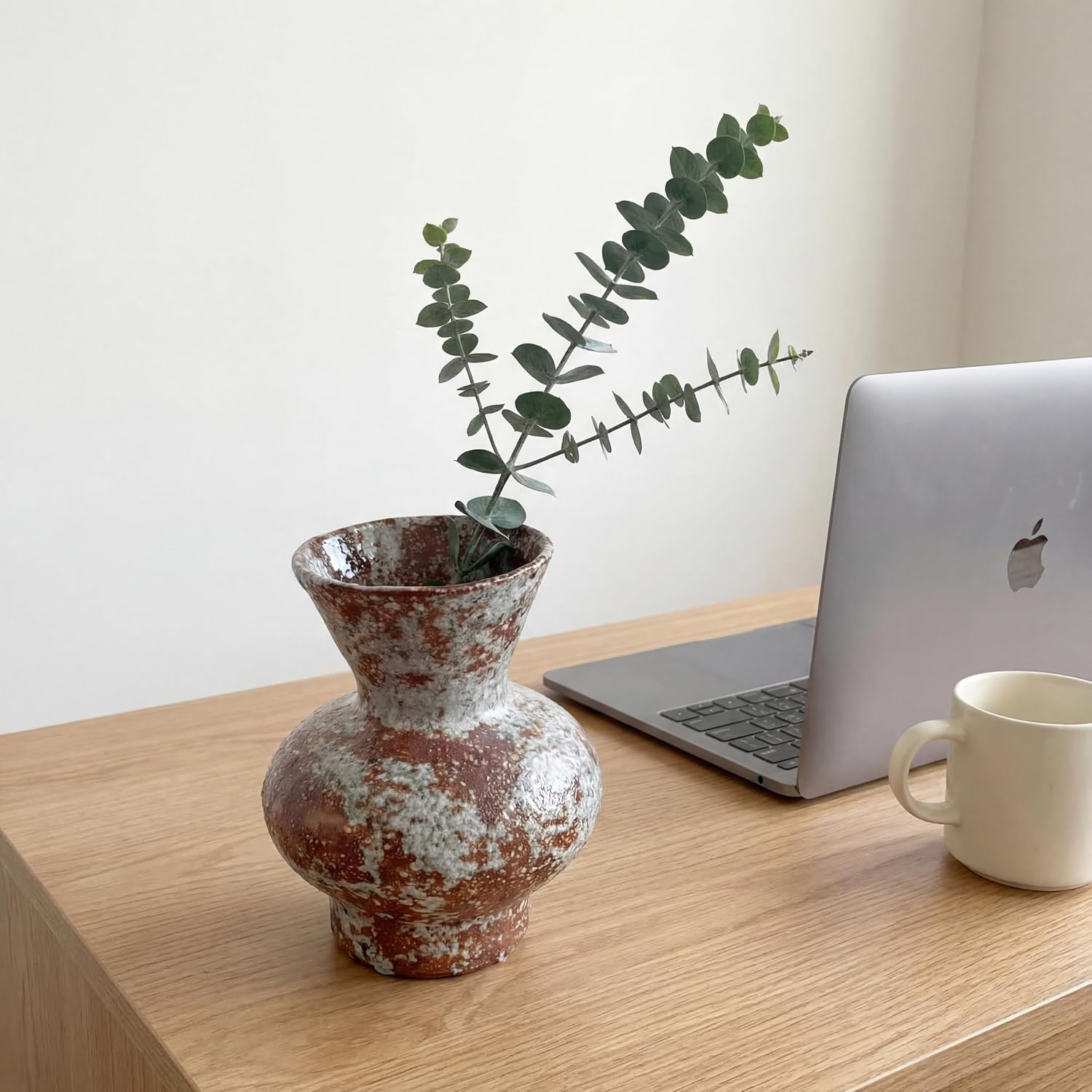 Rustic Ceramic Flower Vase / Dark Brown and White