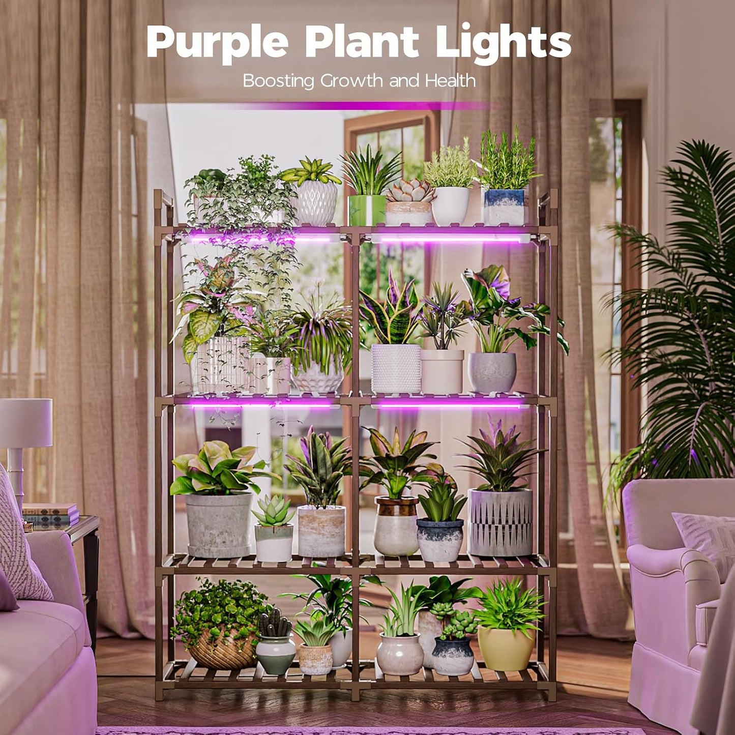 Bamworld Plant Stand with Grow Lights for Indoor Plants Wood Plant Shelf 4 Tier Large Flower Stand for Mutiple Plant