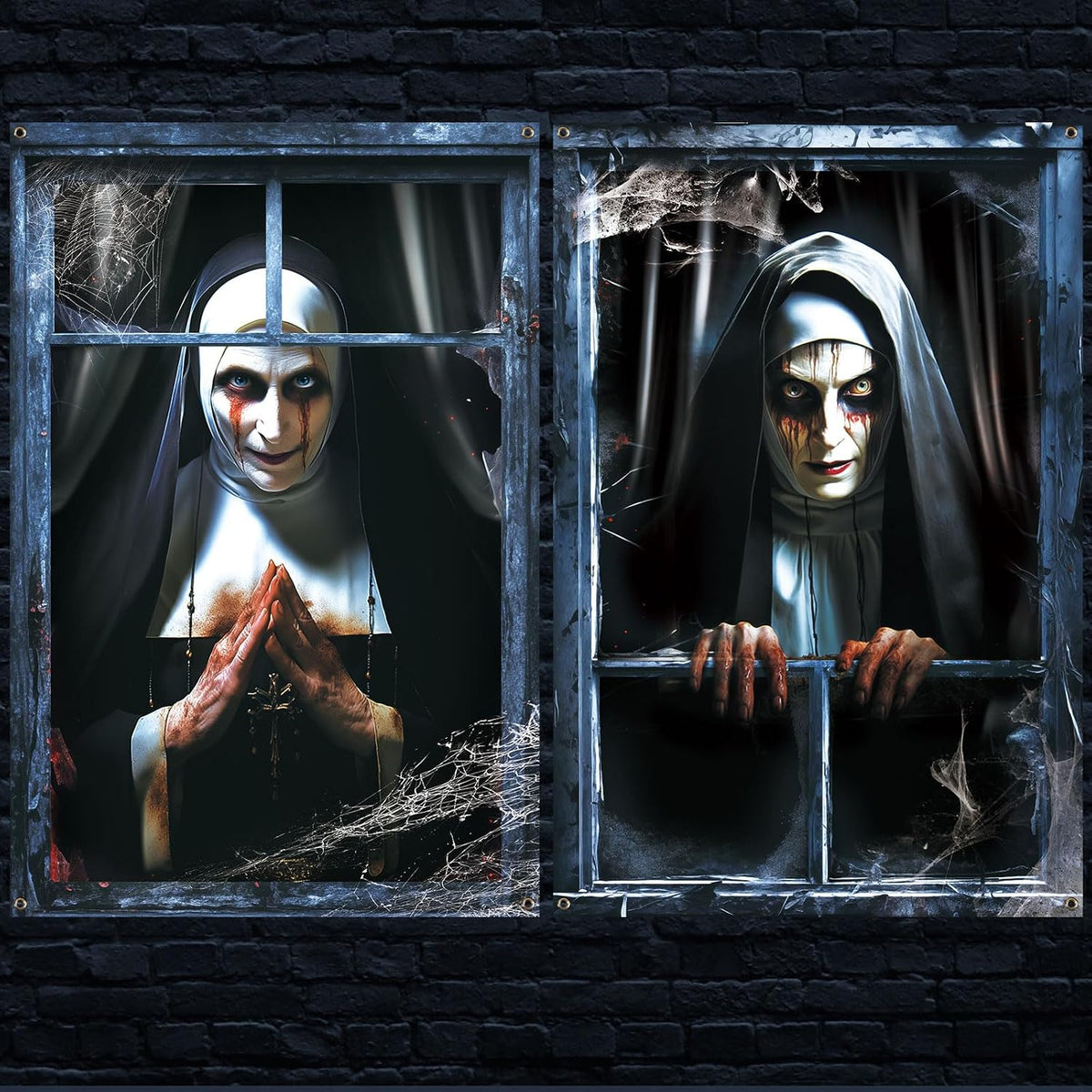CCINEE 2 Packs Scary Halloween Window Cover Decoration, 3D Ghost Curtains Backdrop Haunted House Garage Door Posters for Indoor Outdoor Wall Window Silhouettes Halloween Party Decor