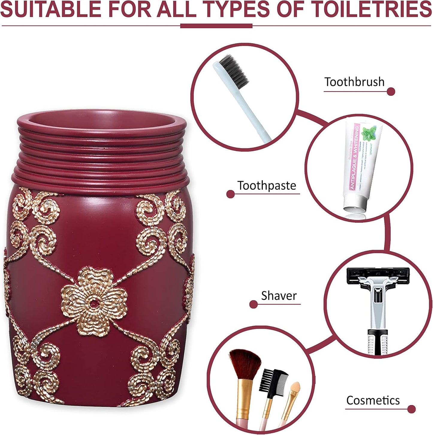 Zahari Home 4pc Elegant Rose Burgundy Bathroom Set Classic Bathroom Lotion Dispenser, Tumbler, Toothbrush Case and Bar