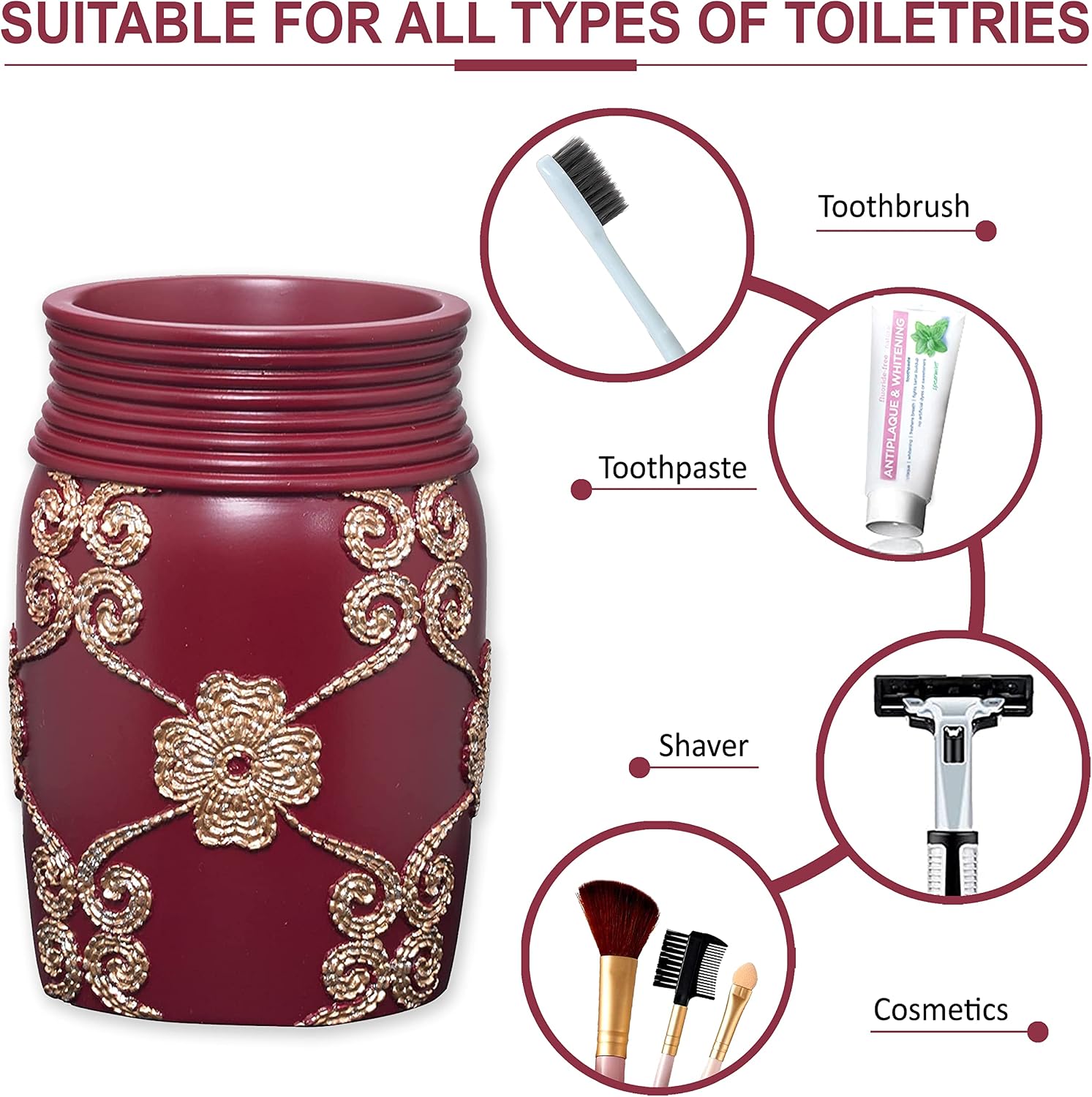 Zahari Home 4pc Elegant Rose Burgundy Bathroom Set Classic Bathroom Lotion Dispenser, Tumbler, Toothbrush Case and Bar