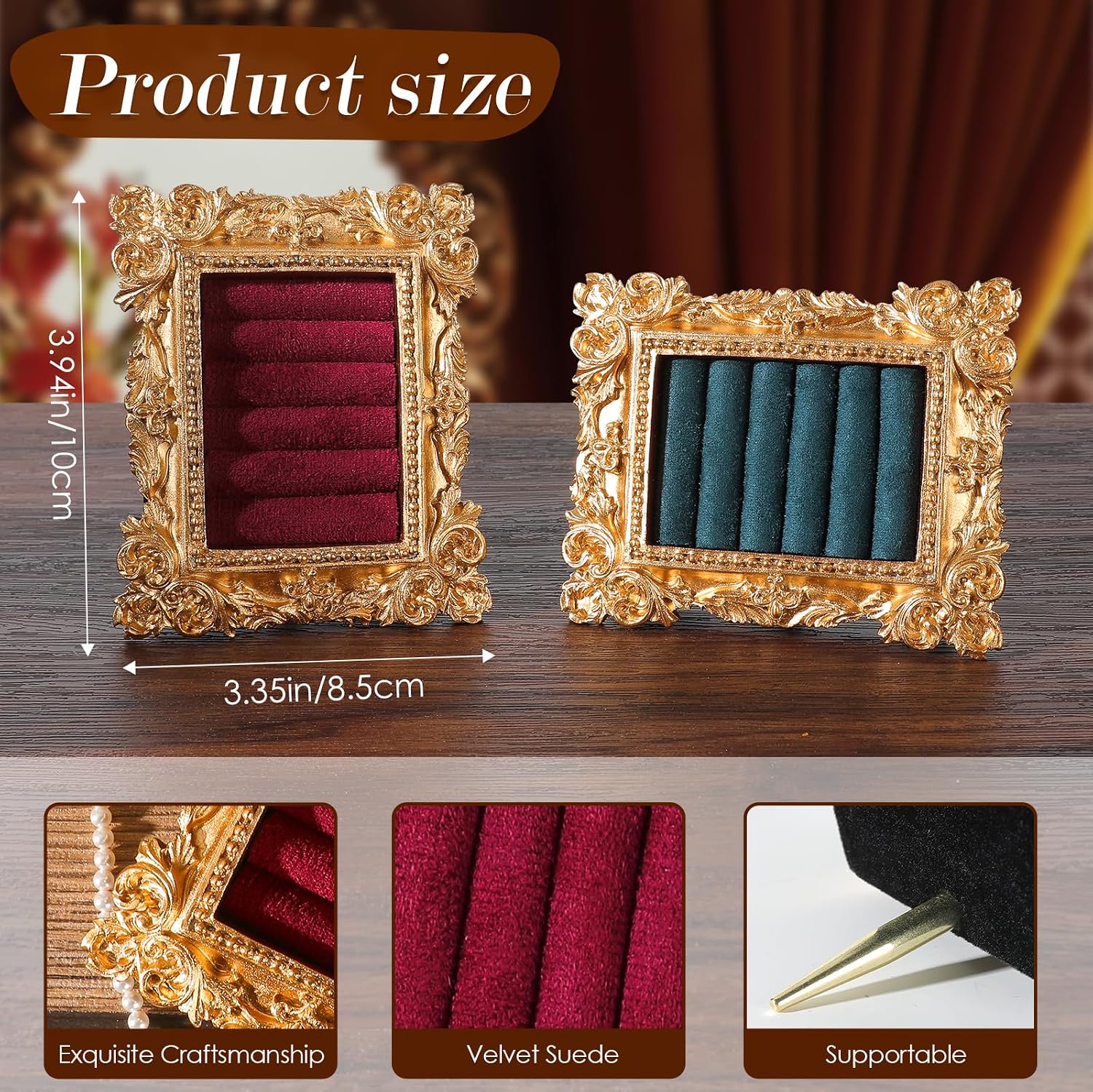 Vintage Ring Holder Rectangle Gold Velvet Display Stand / Mpf05-gold Red