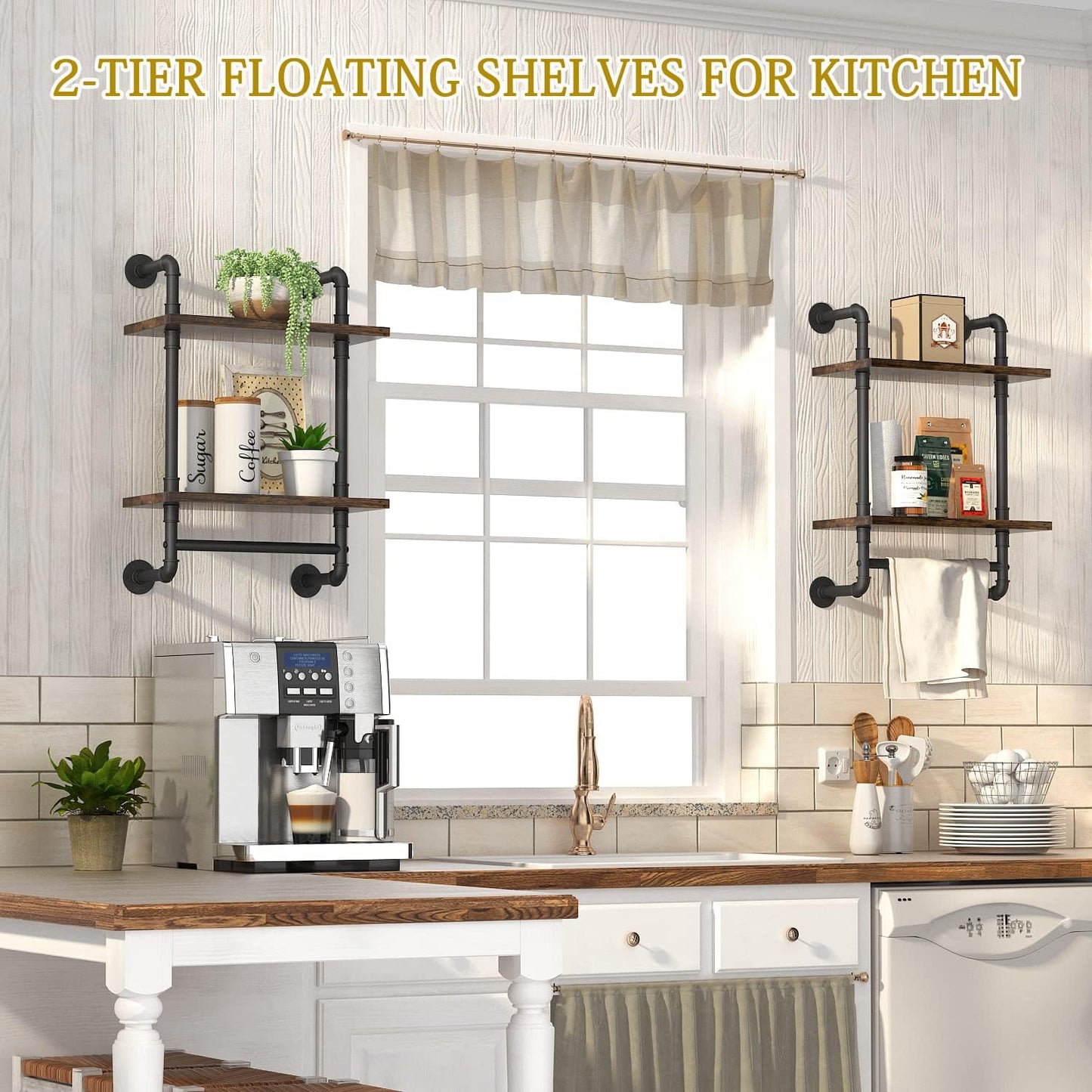 Helsin 2 Tier Industrial Pipe Floating Bathroom Shelves Wall Mounted with Towel Bar, Rustic Wood Wall Shelf, 16 Inch