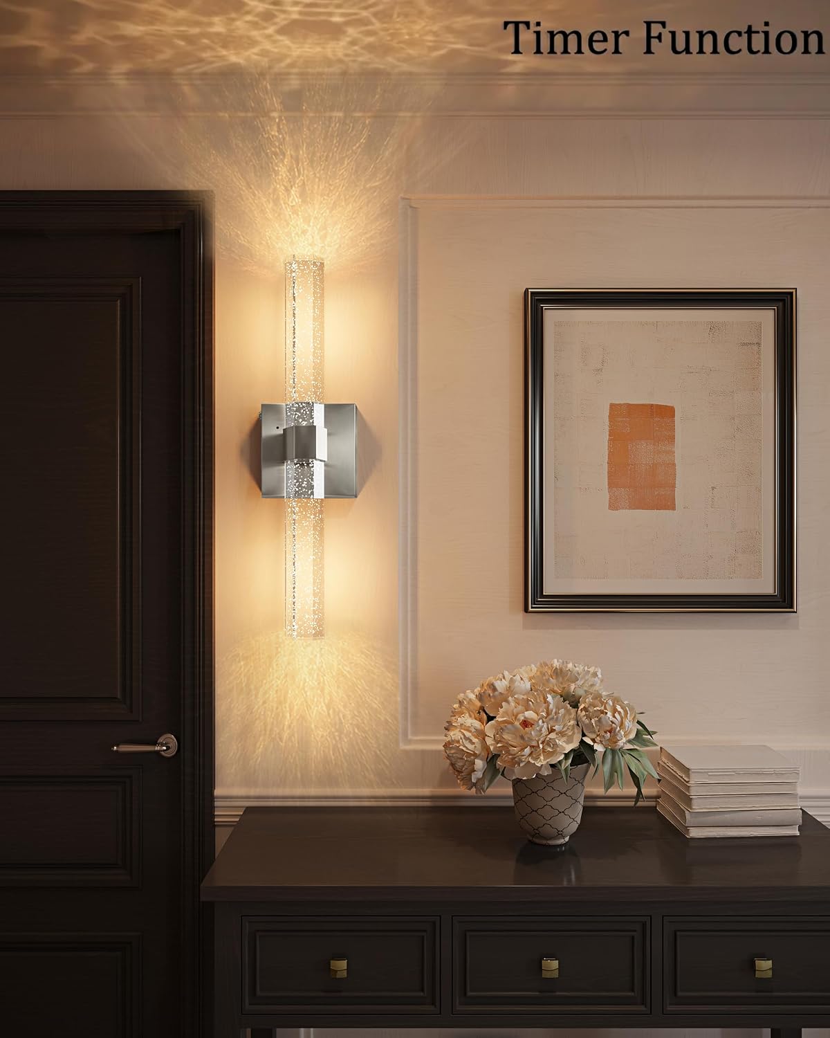 Battery Operated Wall Sconces Set of 2, Nickel, Bubble Crystal, 18.4 Inch | LED Wireless Rechargeable Wall Lights
