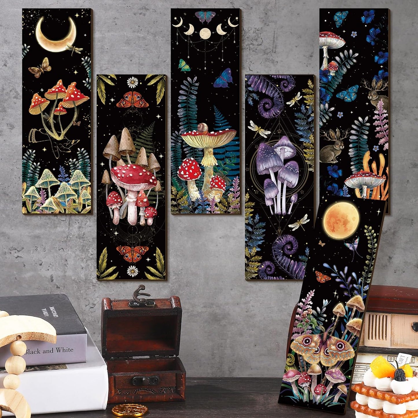 Mushroom Wall Decorations Gothic Wall Decor Minimalist Wooden Boho Hanging Witchy / Set of 6