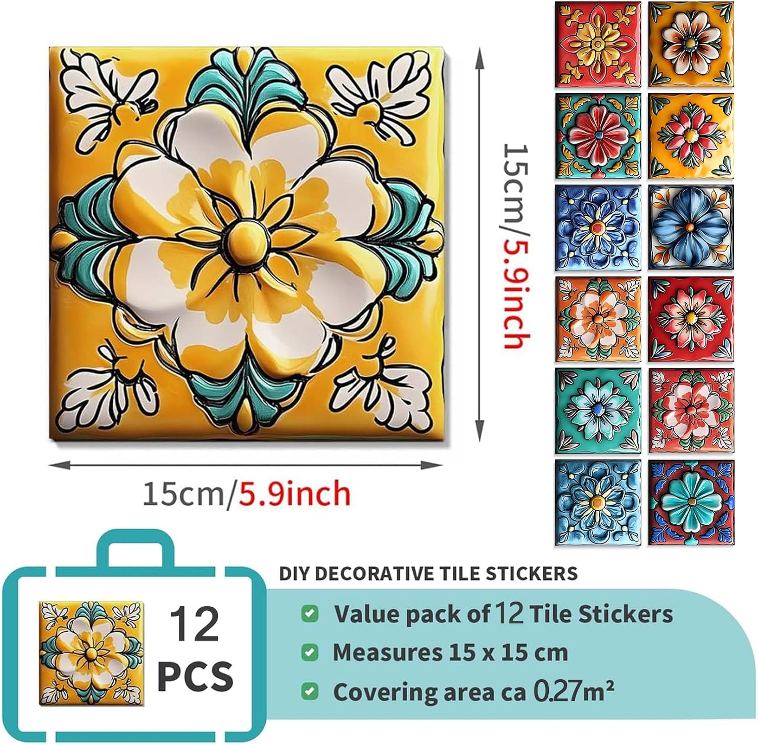 Removable Decals / Peel and Stick Backsplash Tiles / Art-04 / 5.9 x 5.9 / Set of 12