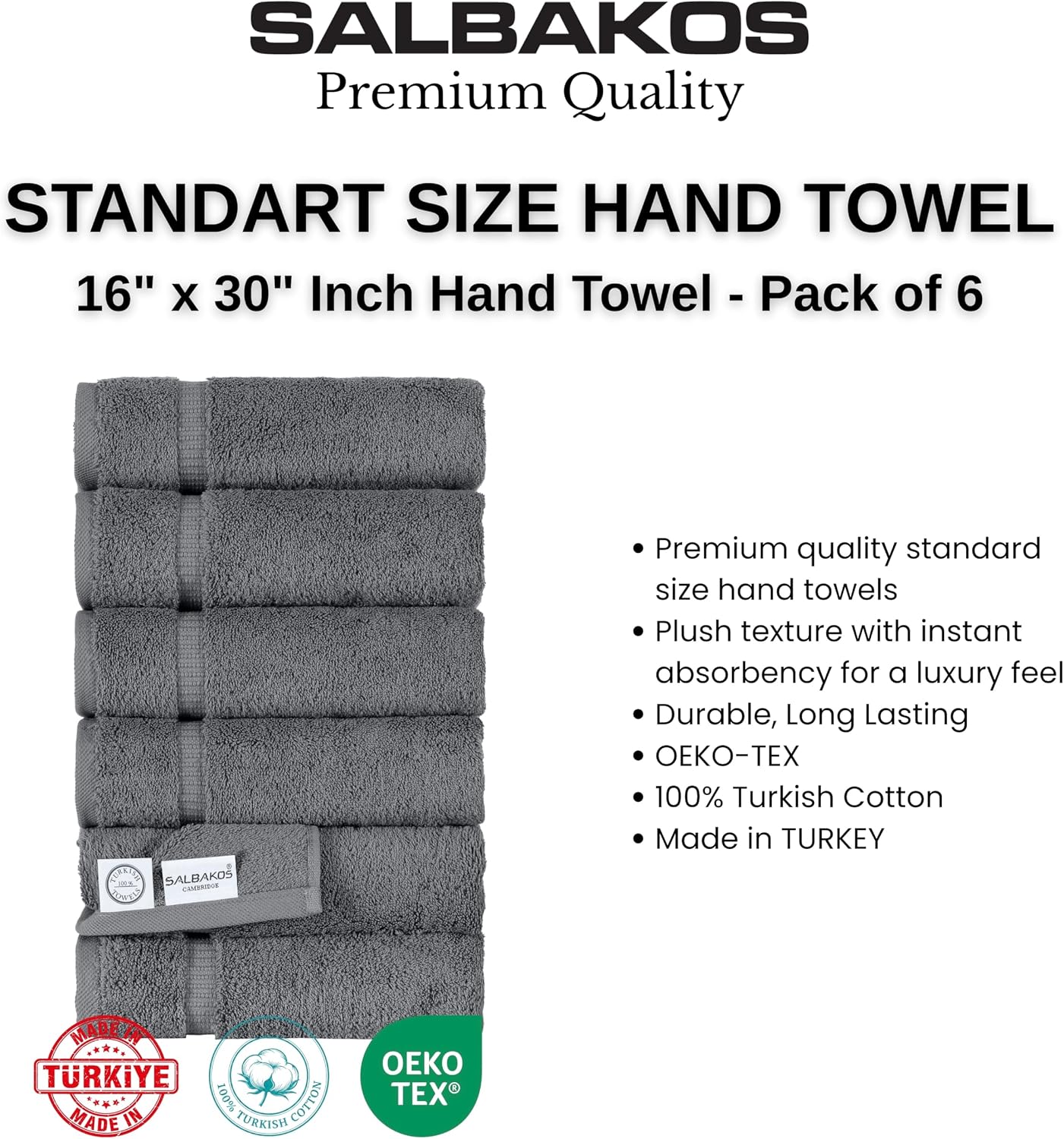 SALBAKOS 6-Piece 100% Turkish Cotton Hand Towels, 16x30 inch, Gray | Large Size Thick Super Soft Highly Absorbent