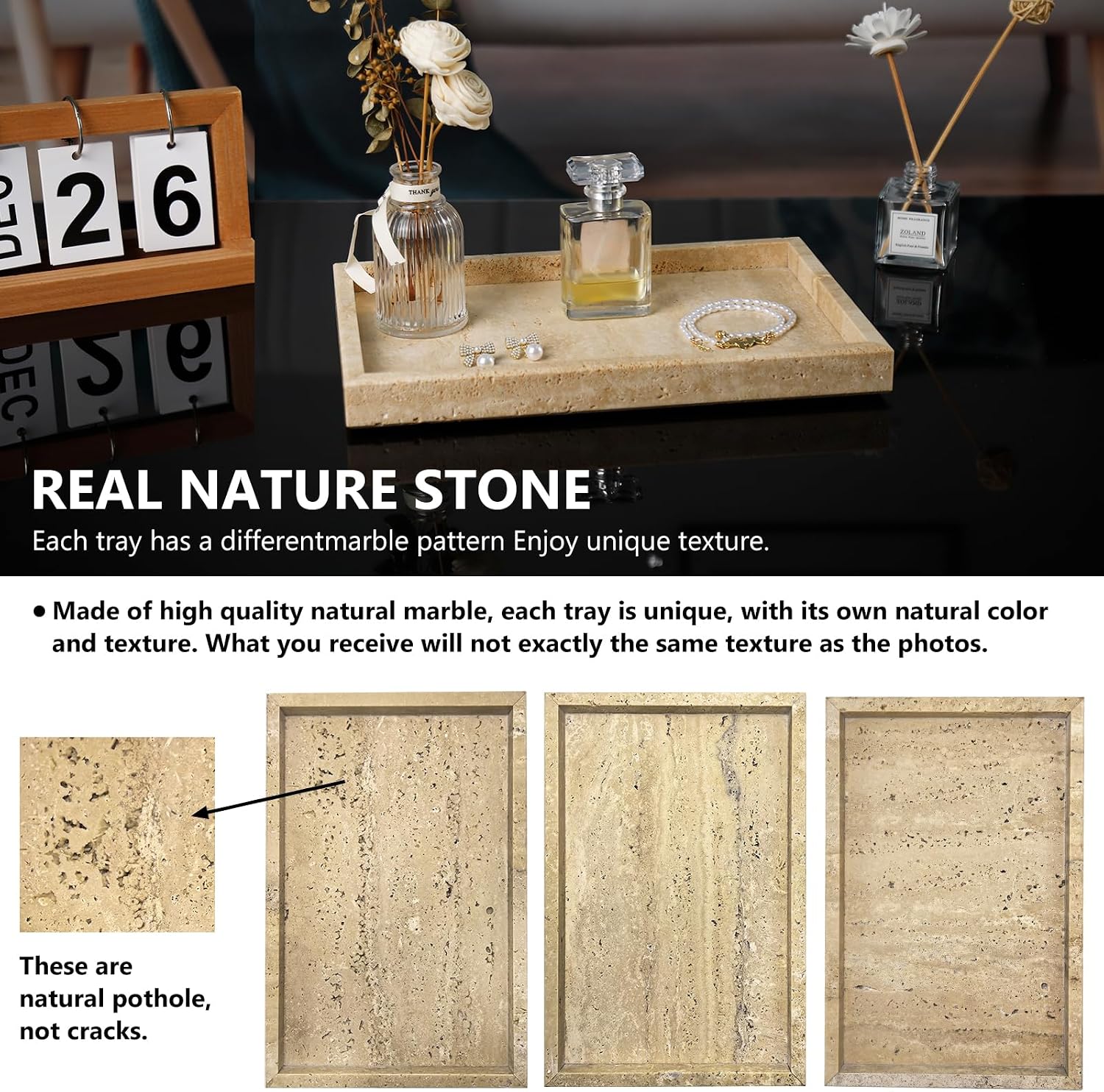 Real Tray / Rectangle Genuine Stone Tray / Travertine / 12 x 8 x 1.2 / Natural