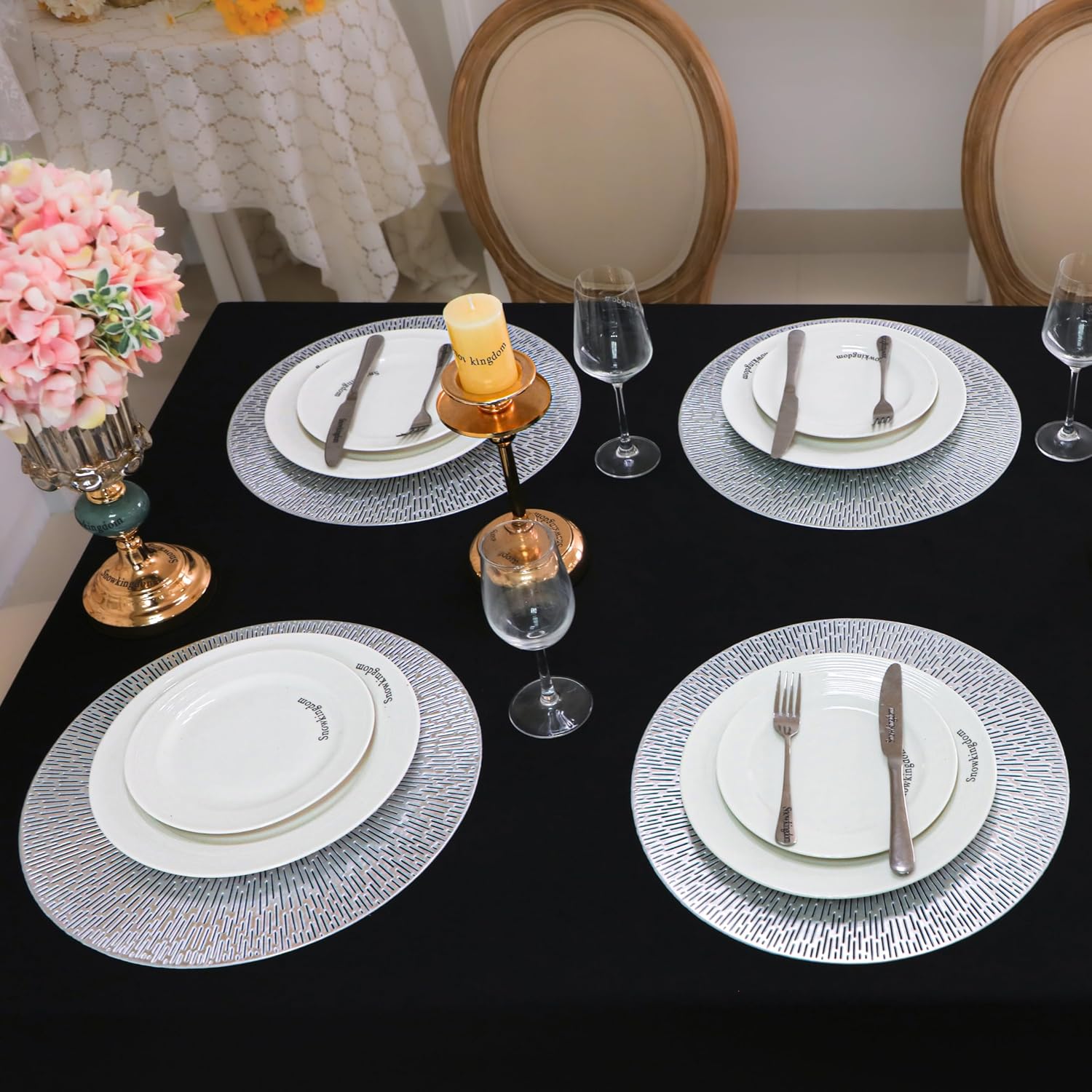 Snowkingdom Silver Placemats Set of 18, 15 Inch Round Metallic Hollow Vinyl Place Mats, Washable Wipeable Non Slip