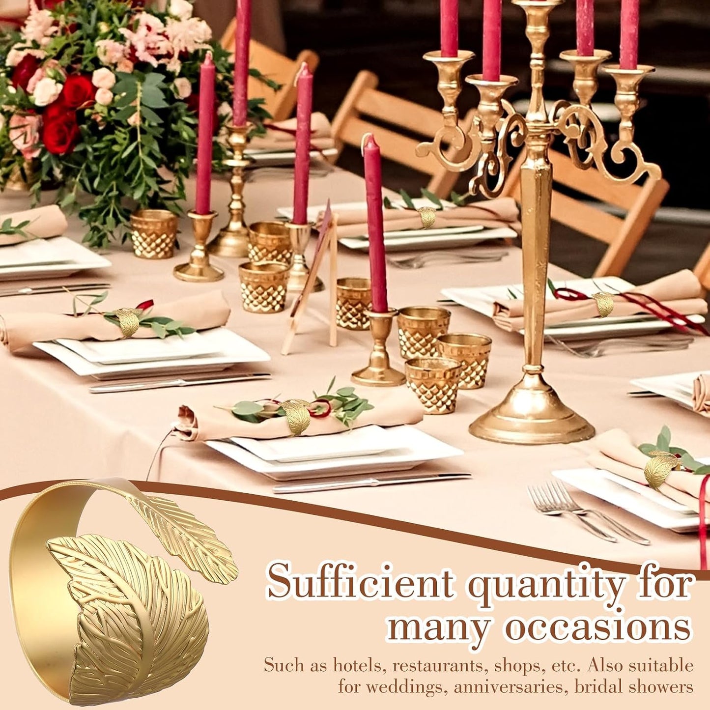 100 Pcs Gold Napkin Rings, Metal Leaf Shaped Holders for Wedding | Shiny Leaf Design, For Celebrations Receptions
