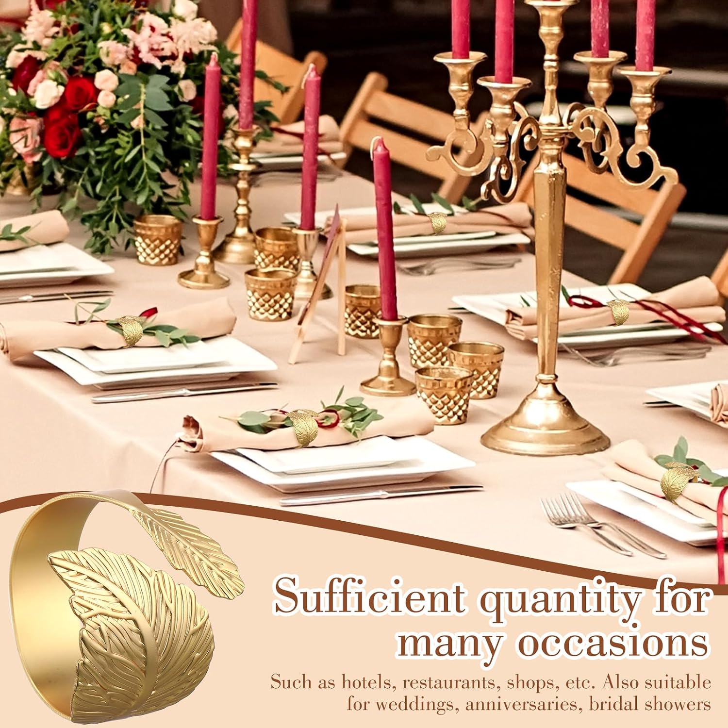 100 Pcs Gold Napkin Rings, Metal Leaf Shaped Holders for Wedding | Shiny Leaf Design, For Celebrations Receptions