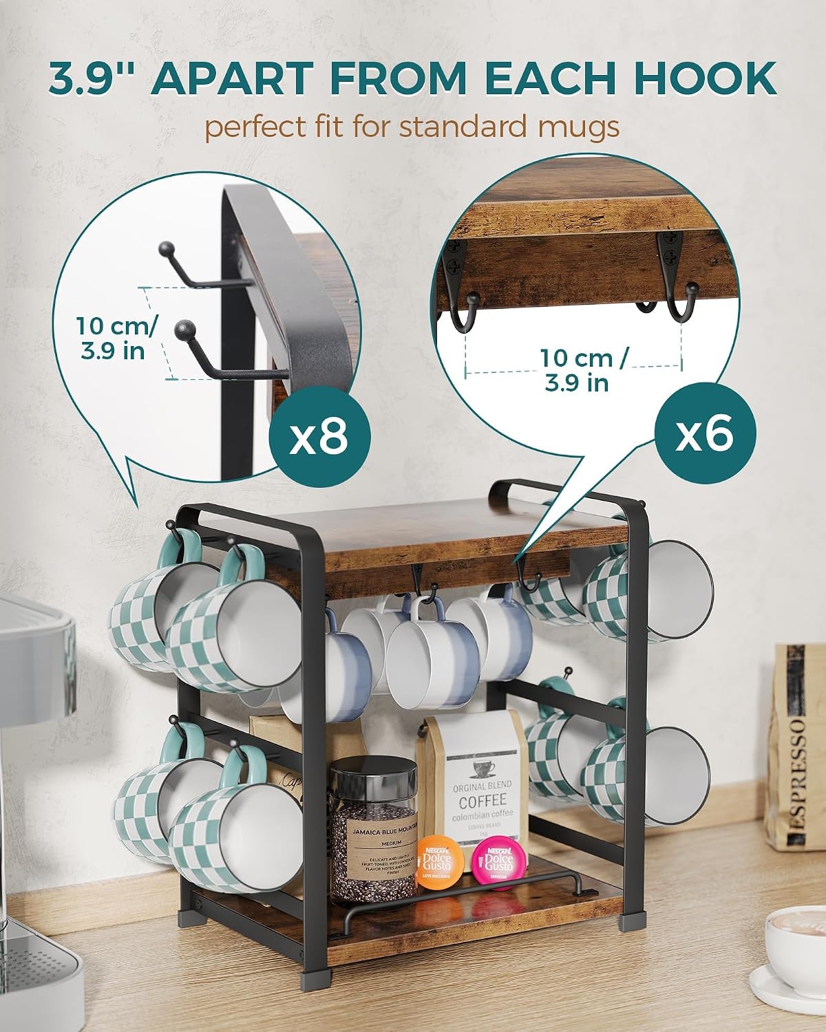 OROPY Coffee Mug Holder Countertop, Mug Rack 2 Tier Shelf & 14 Mug Hooks | Wooden Coffee Bar Station Organizer