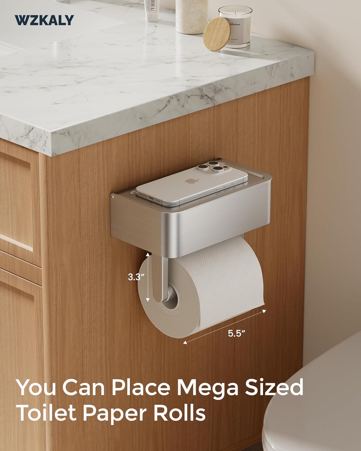 Toilet Paper Holder, Stainless Steel Wall Mount Bathroom Organizer with Shelf, Flushable Wipes Dispenser Storage Fits