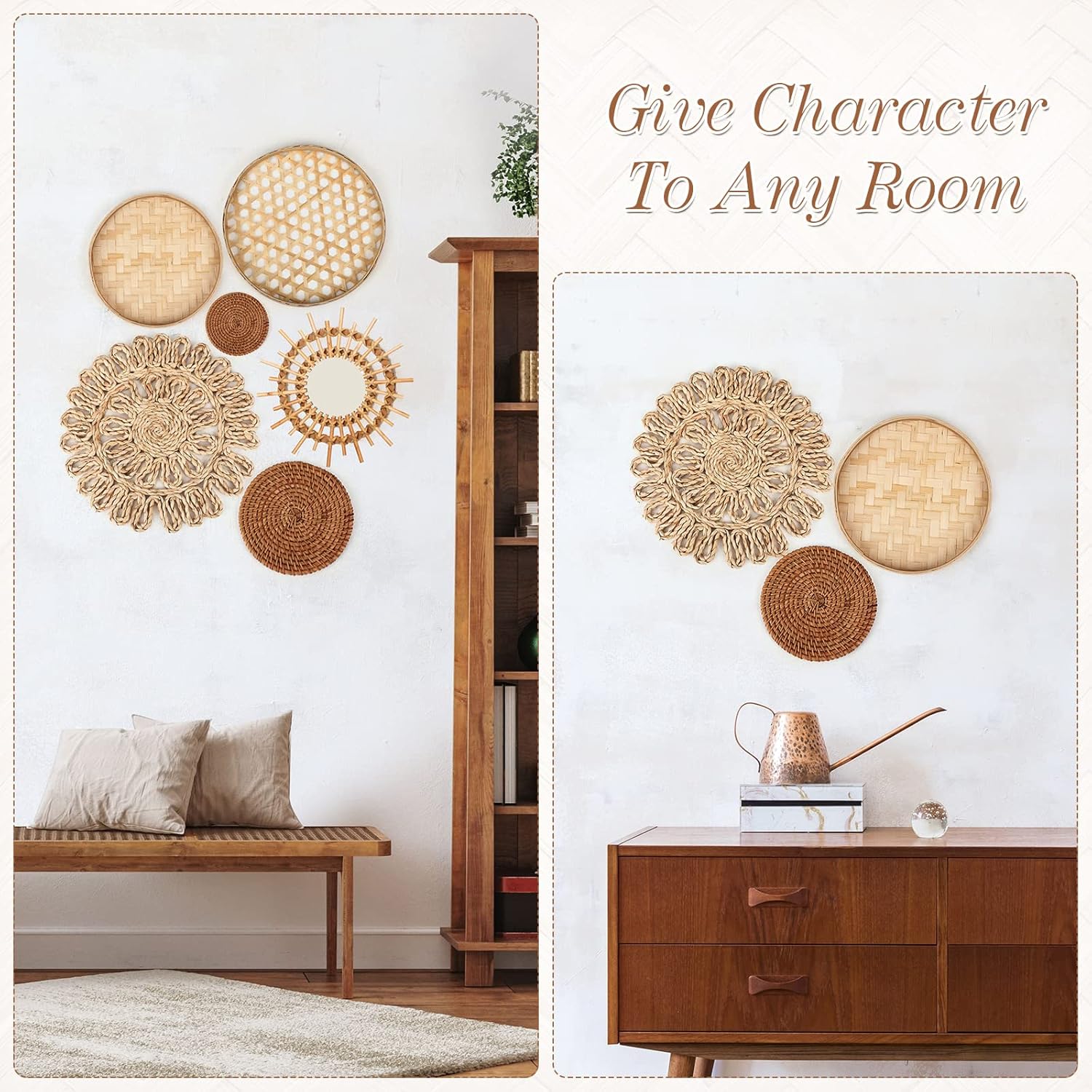 Rattan Mirror Farmhouse Woven Hanging Basket / Set of 8