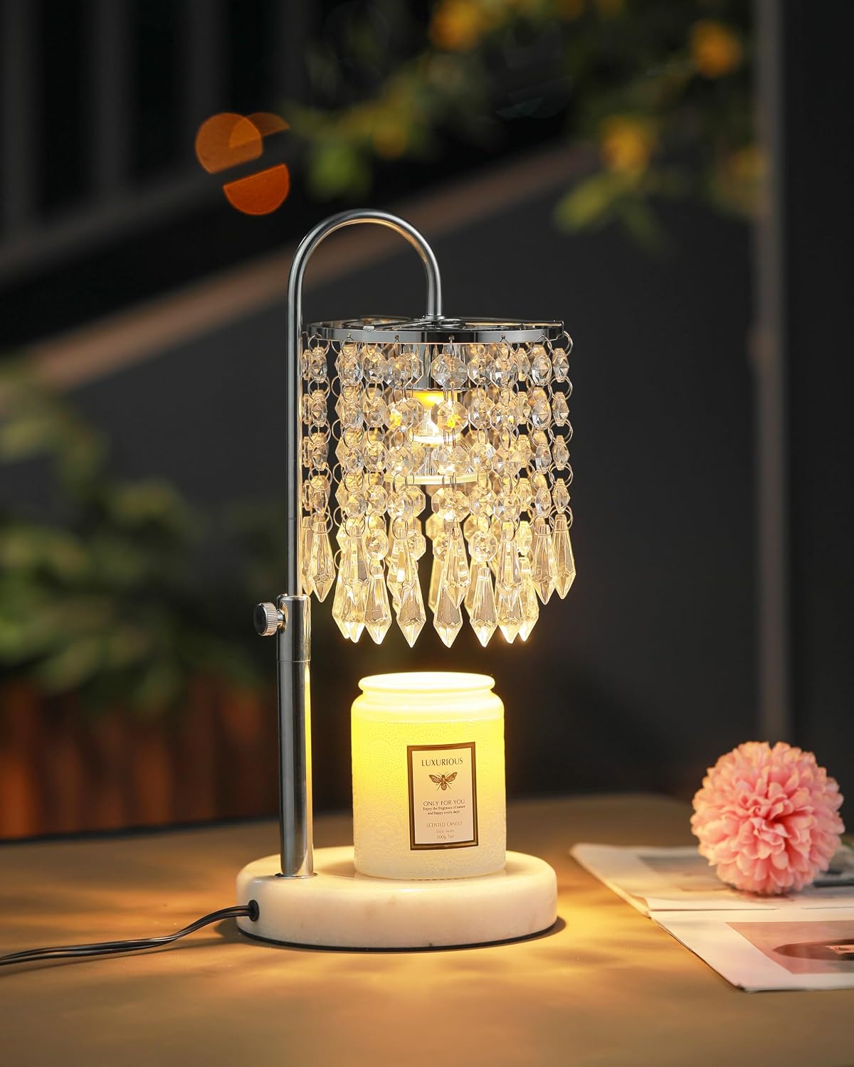 Candle Warmer Lamp with Timer Dimmer and 3 Bulbs, Candle Lamp Warmer with Marble Base for Adjustable Height, Crystal
