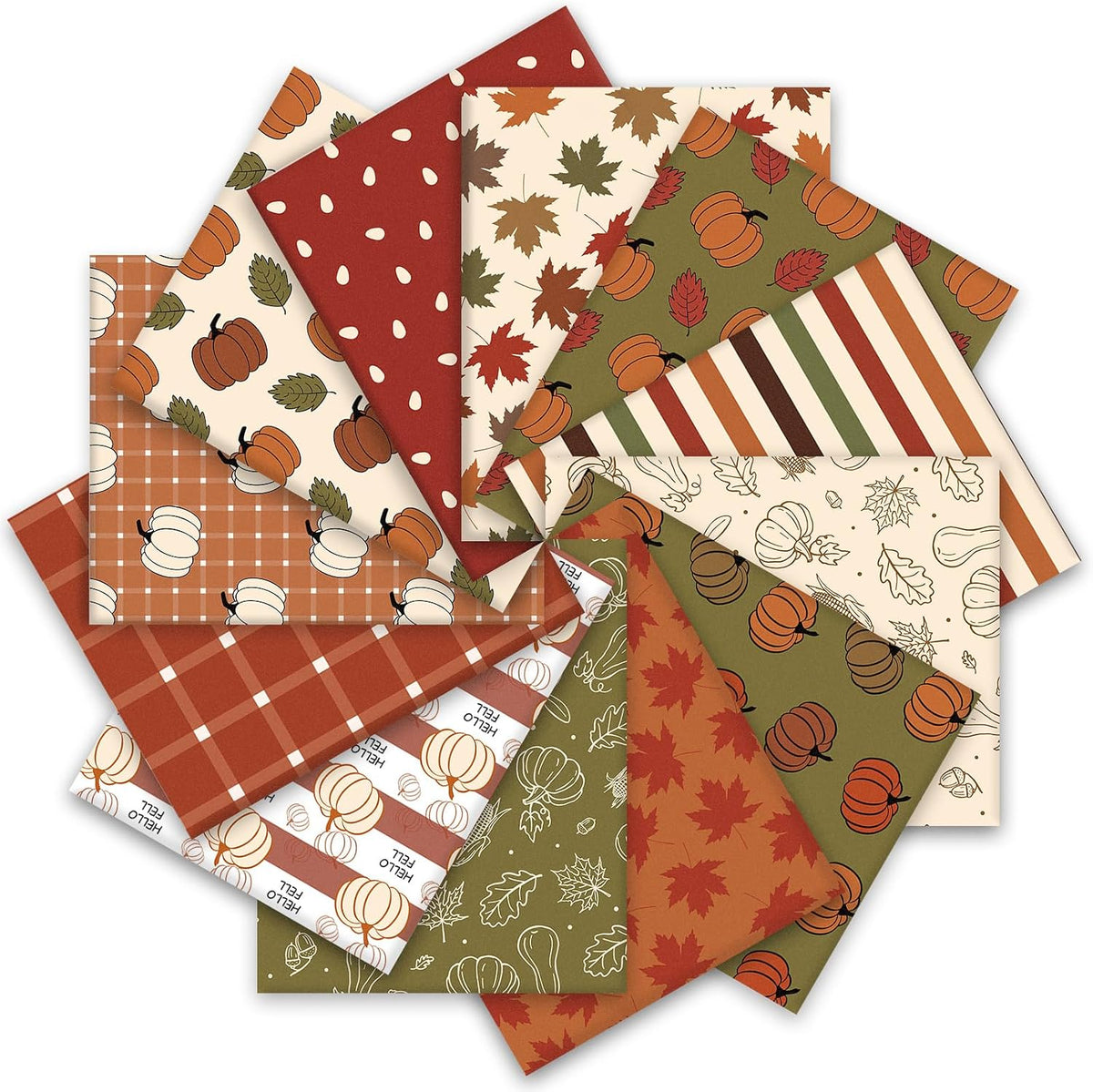 Whaline 12 Pcs Boho Fall Cotton Fabric Bundles Pumpkin Maple Leaf Plaid Fat Quarters Green Brown Thanksgiving Quilting Patchwork for Autumn DIY Sewing Craft Decor, 18 x 22 Inch