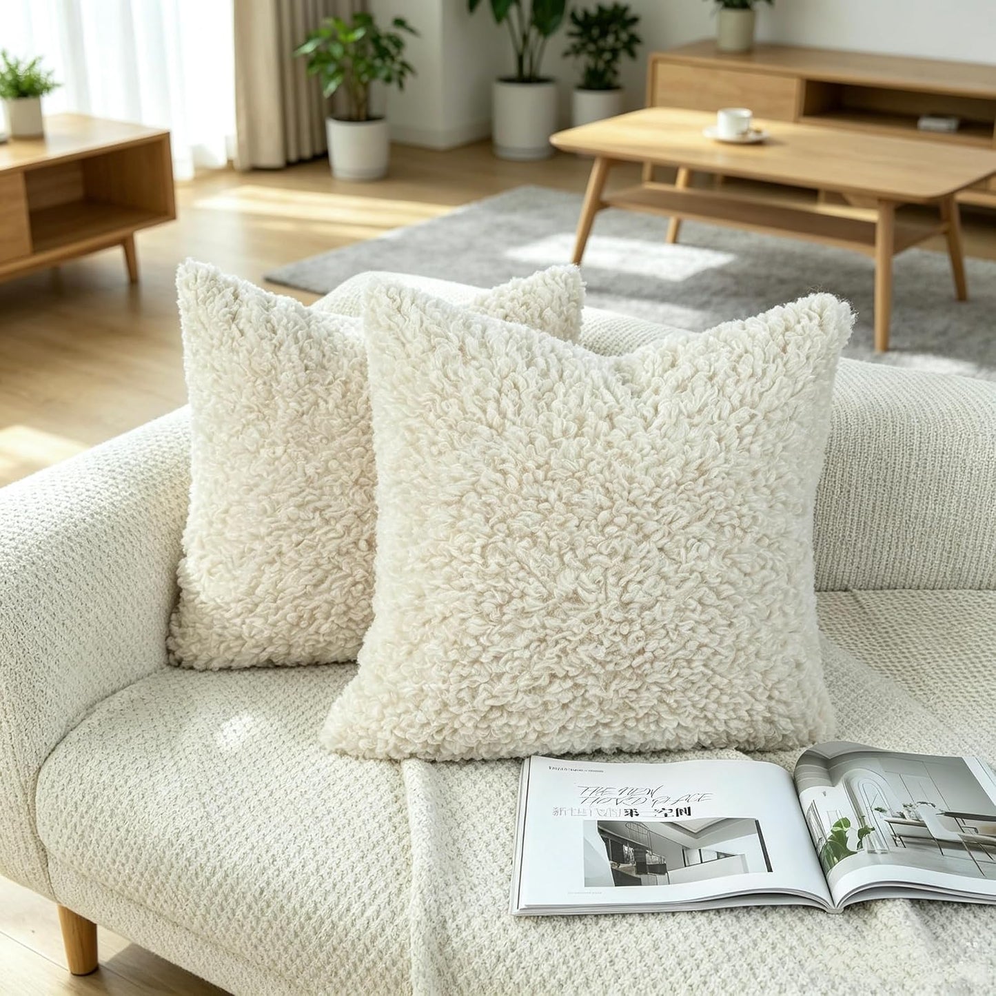 Faux Fur Decorative Pillow Covers Soft Fluffy Sherpa Boucle Throw / Light Beige / 18 x 18 / Set of 2