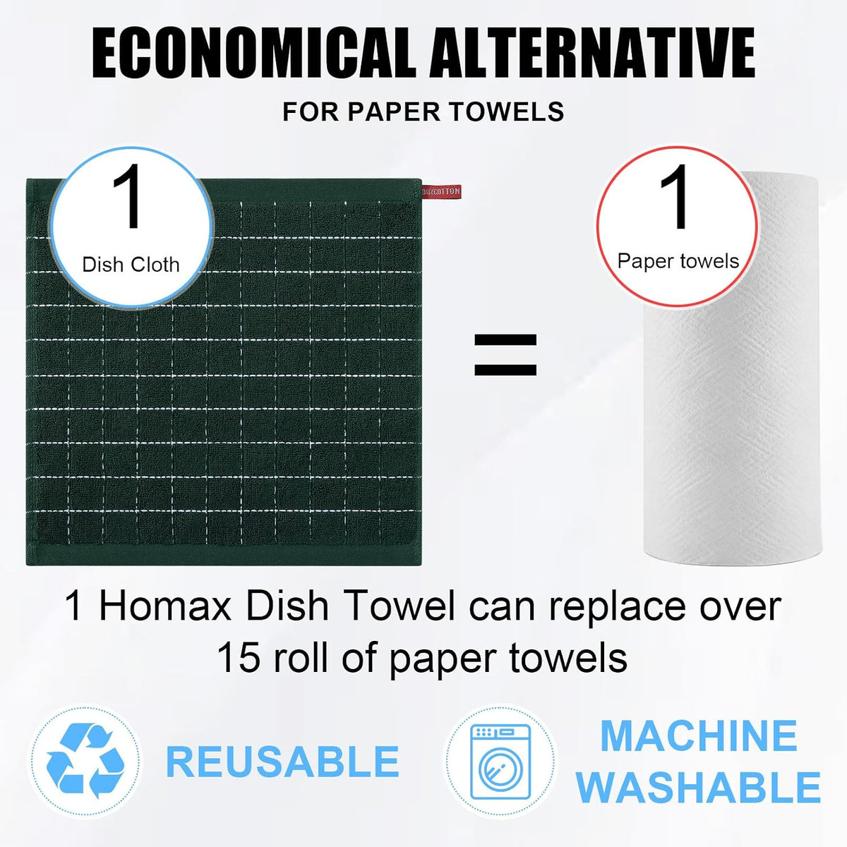 Homaxy 100% Cotton Terry Kitchen Dish Cloths, 12 Pack, Blackish Green | Ultra Soft and Absorbent Dish Towels for