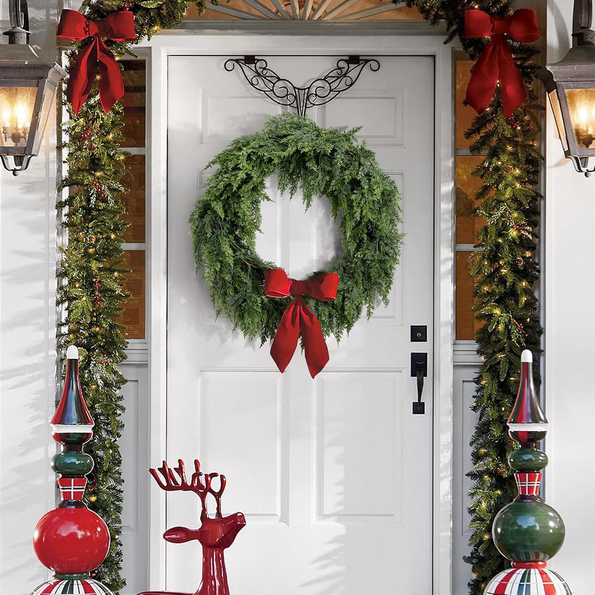 2 Pcs Christmas Norfolk Pine Garlands, 6Ft 2 Color Artificial Cedar Garland | Real Touch Faux Pine Cypress Greenery