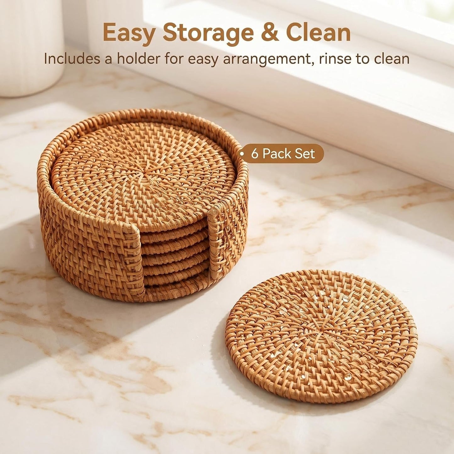 Holder｜ Wicker Drink Coasters Set for Protecting Table｜Boho Table / Natural / 4 Inch / Set of 6