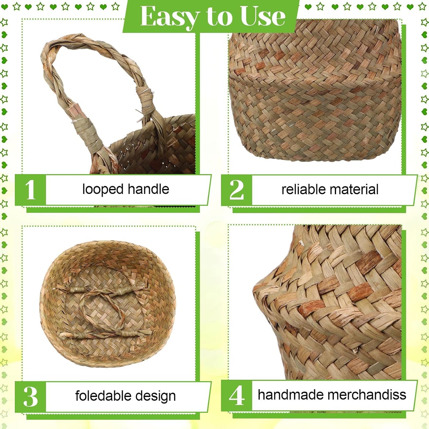 Woven Seagrass Baskets Belly Basket Folding Boho Plant Pot / Xxs,6.3''dx5.5''h / Natural / Set of 4