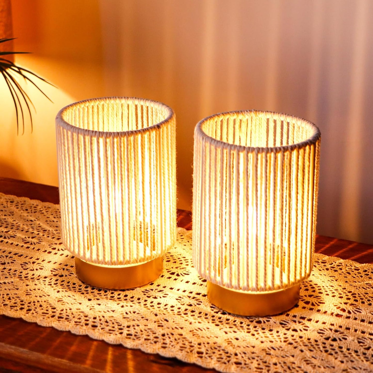 JHY DESIGN Set of 2 Braided Cotton Rope Table Lamp 6.5" Tall Battery Operated Lamp with 6 Hours Timer Beside Lamps