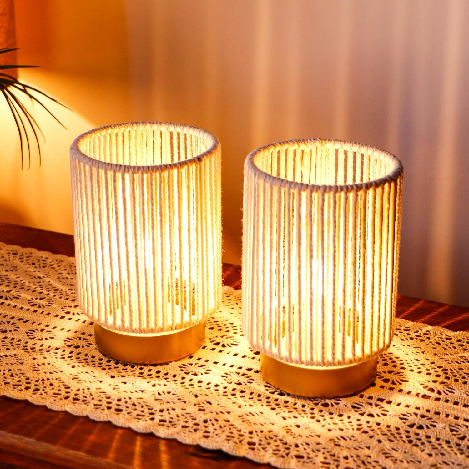 JHY DESIGN Set of 2 Braided Cotton Rope Table Lamp 6.5" Tall Battery Operated Lamp with 6 Hours Timer Beside Lamps