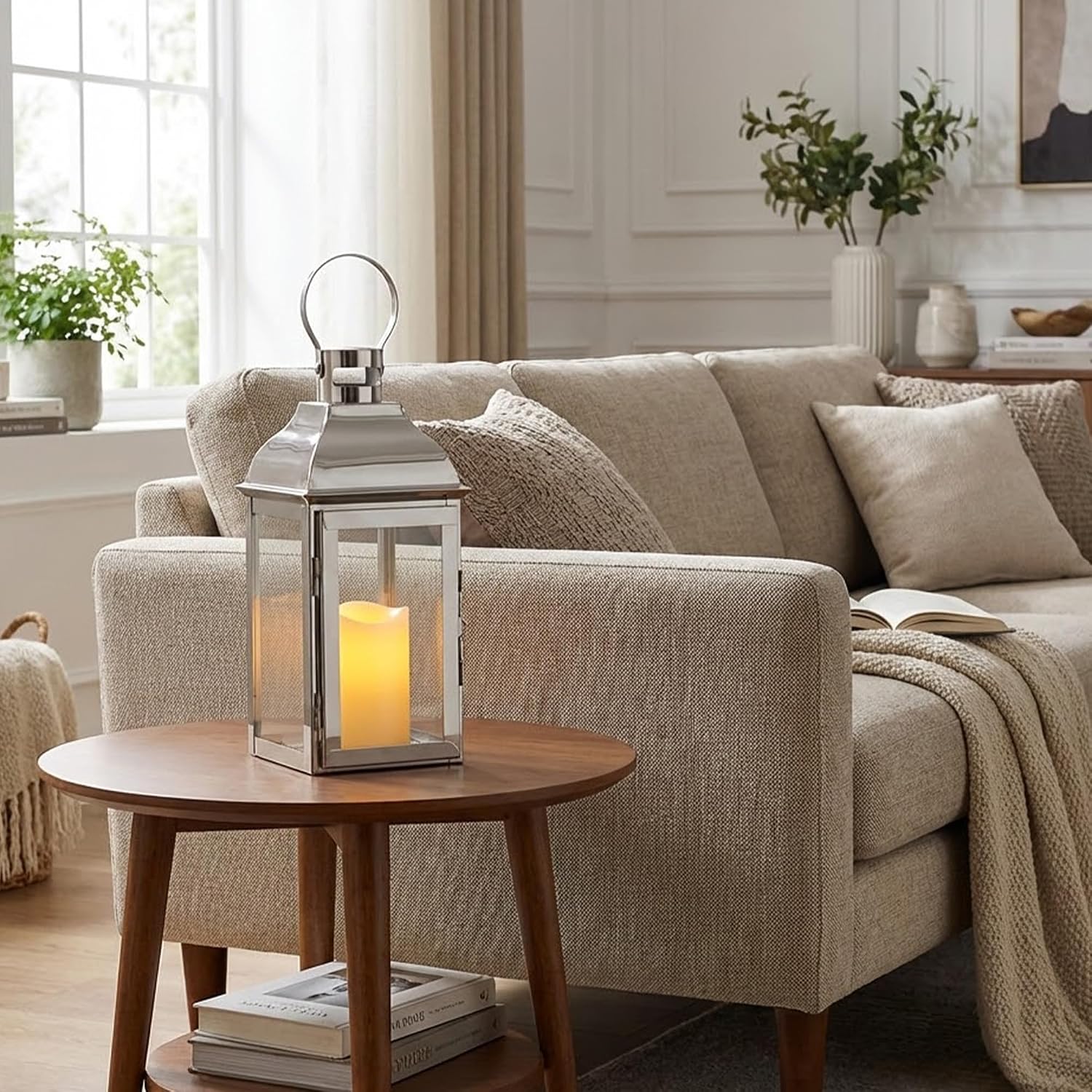 JHY DESIGN Silver Decorative Lanterns 12.5''High Stainless Steel Candle Lanterns with Tempered Glass for Indoor Outdoor