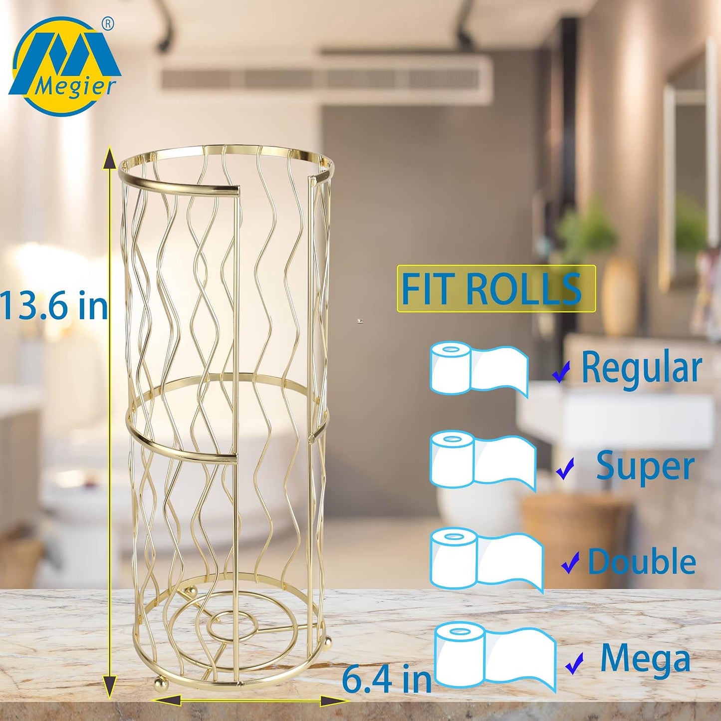 Decorative Metal Standing Toilet Tissue Holder for Bathroom/Powder Room, Compact Tissue Reserve for 3 Rolls of Toilet