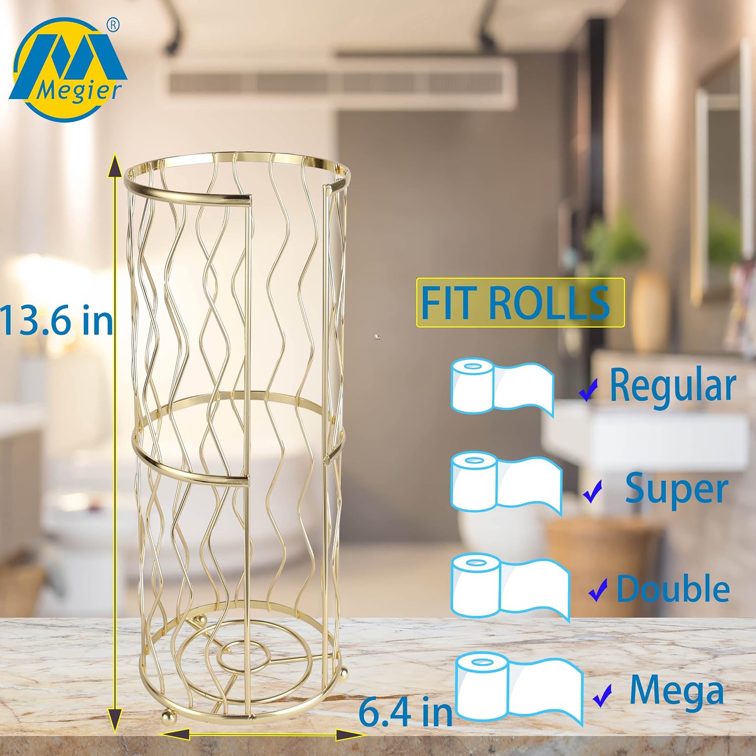 Decorative Metal Standing Toilet Tissue Holder for Bathroom/Powder Room, Compact Tissue Reserve for 3 Rolls of Toilet