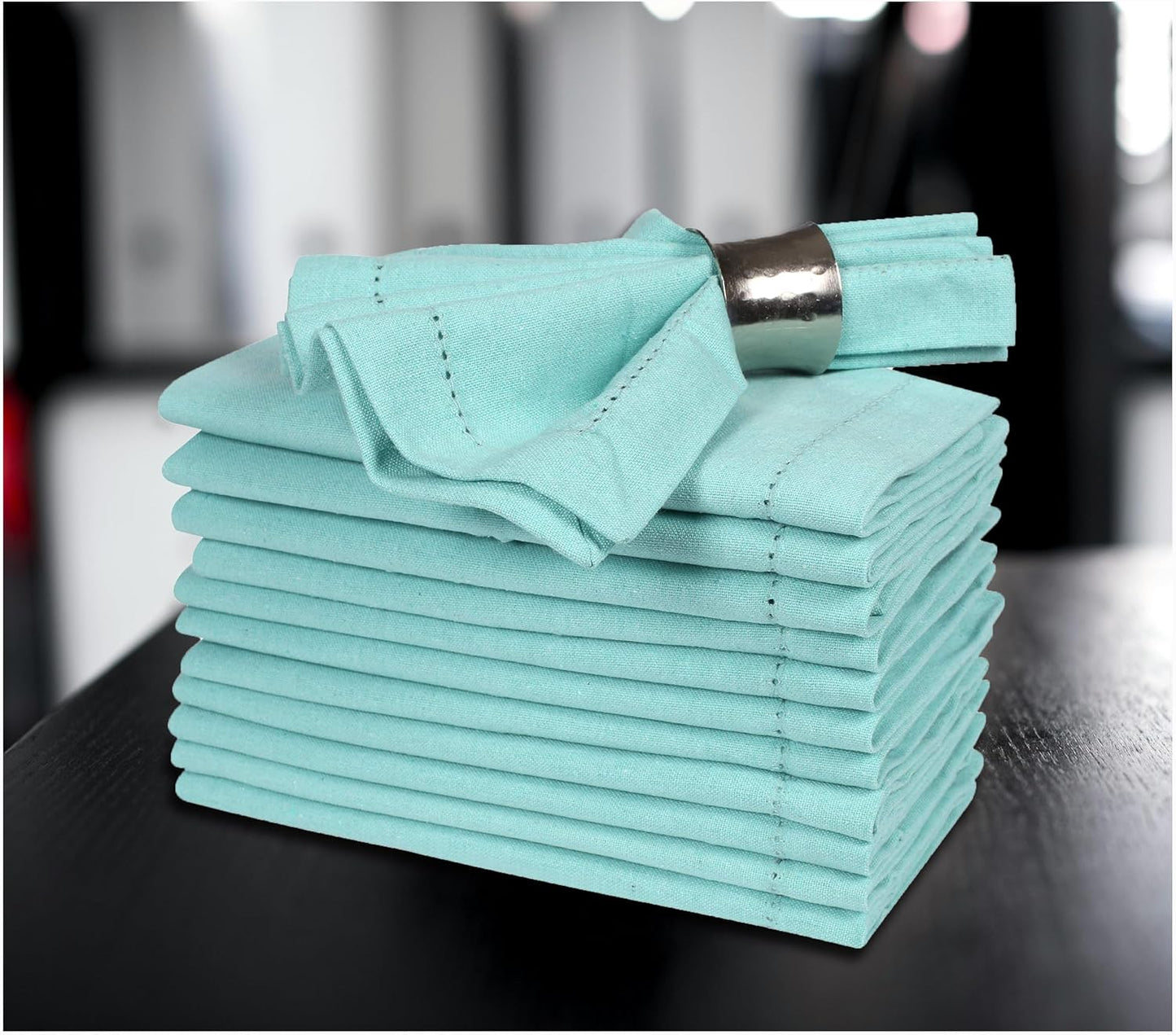 Bedding Craft Cotton Cloth Dinner Napkins Set of 12 – 18x18 Aqua with Hemstitched Mitered Corners – Reusable Machine