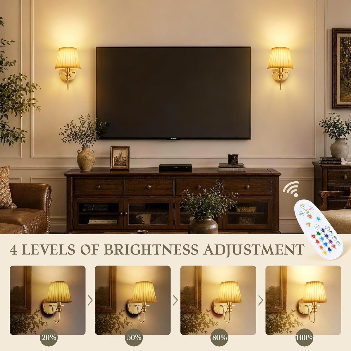 6000mAh Battery Operated Wall Sconces Set of 2, Gold, 10.6 Inch | Dimmable, 15 RGB, Renter Friendly, Rechargeable