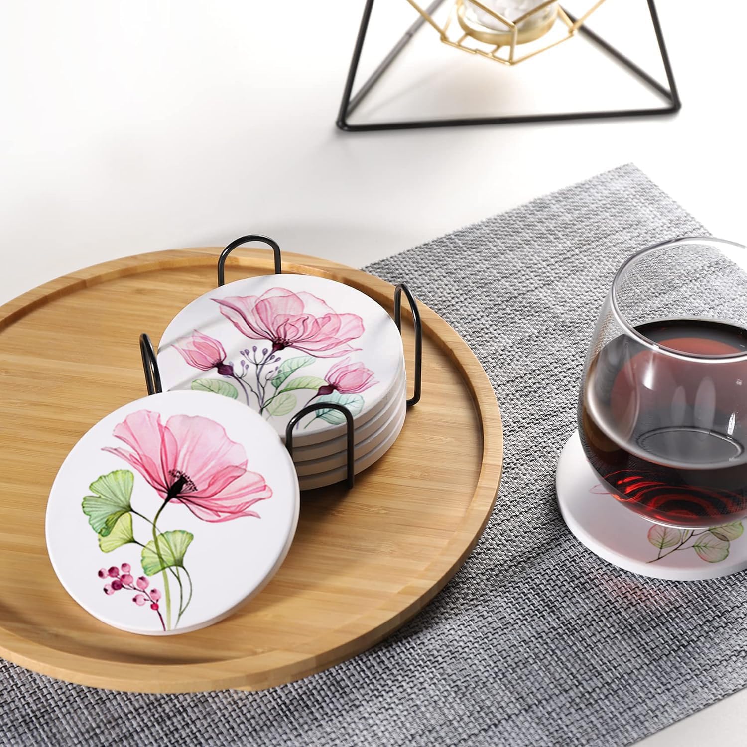 Watercolor X- and Eucalyptus Absorbent Ceramic Stone Mat Coaster / Ray Roses / Round / Set of 6