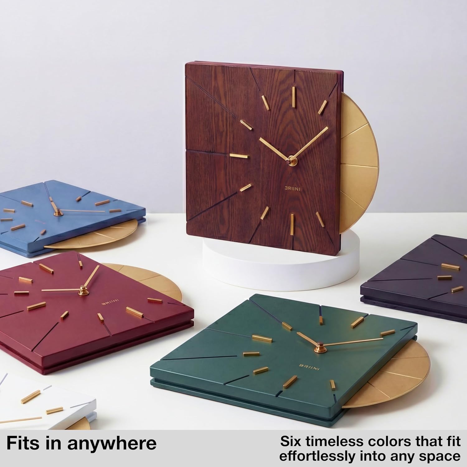 Driini Clocks Mid Century Modern Wall Clock - Square Wood Clock with Decorative Gold Accent- Unique and Cool Clock