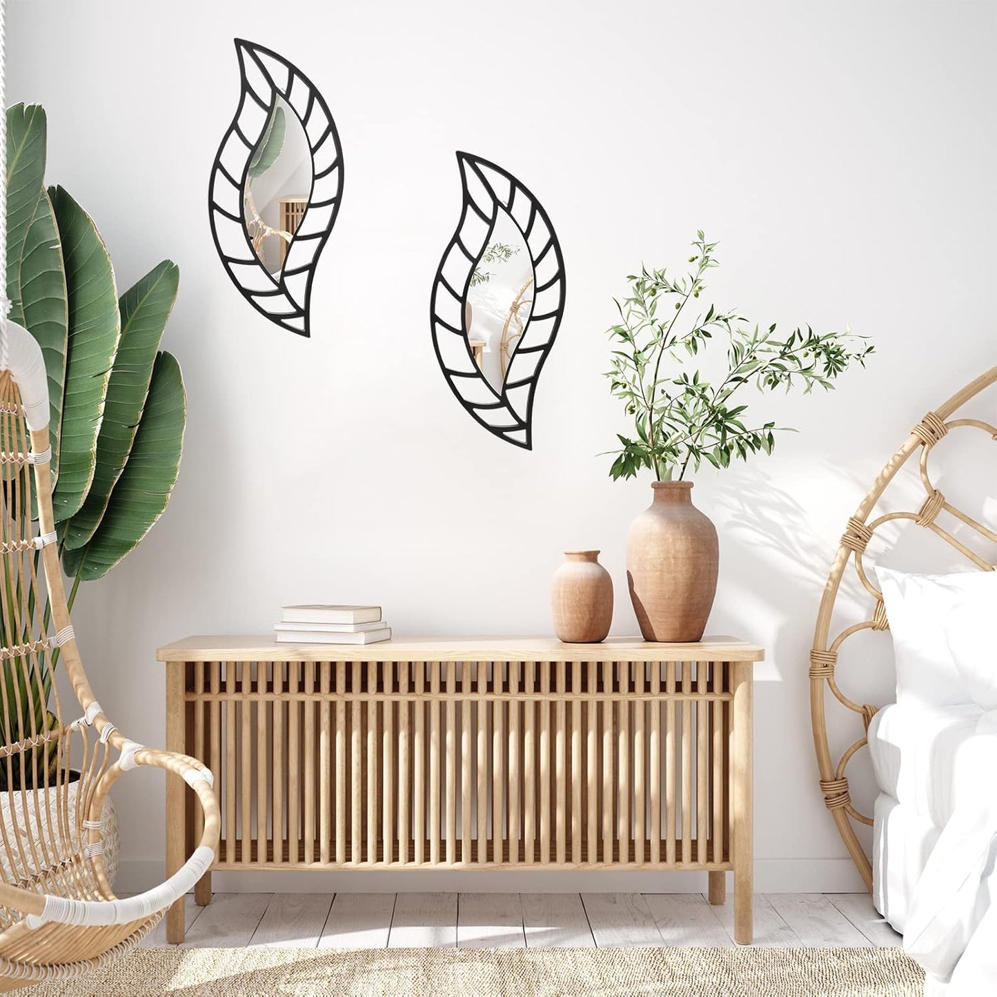 Decorative Mirror Wall Decor Leaf Teardrop Mirror Wall Mounted Decorations / Black / Set of 2