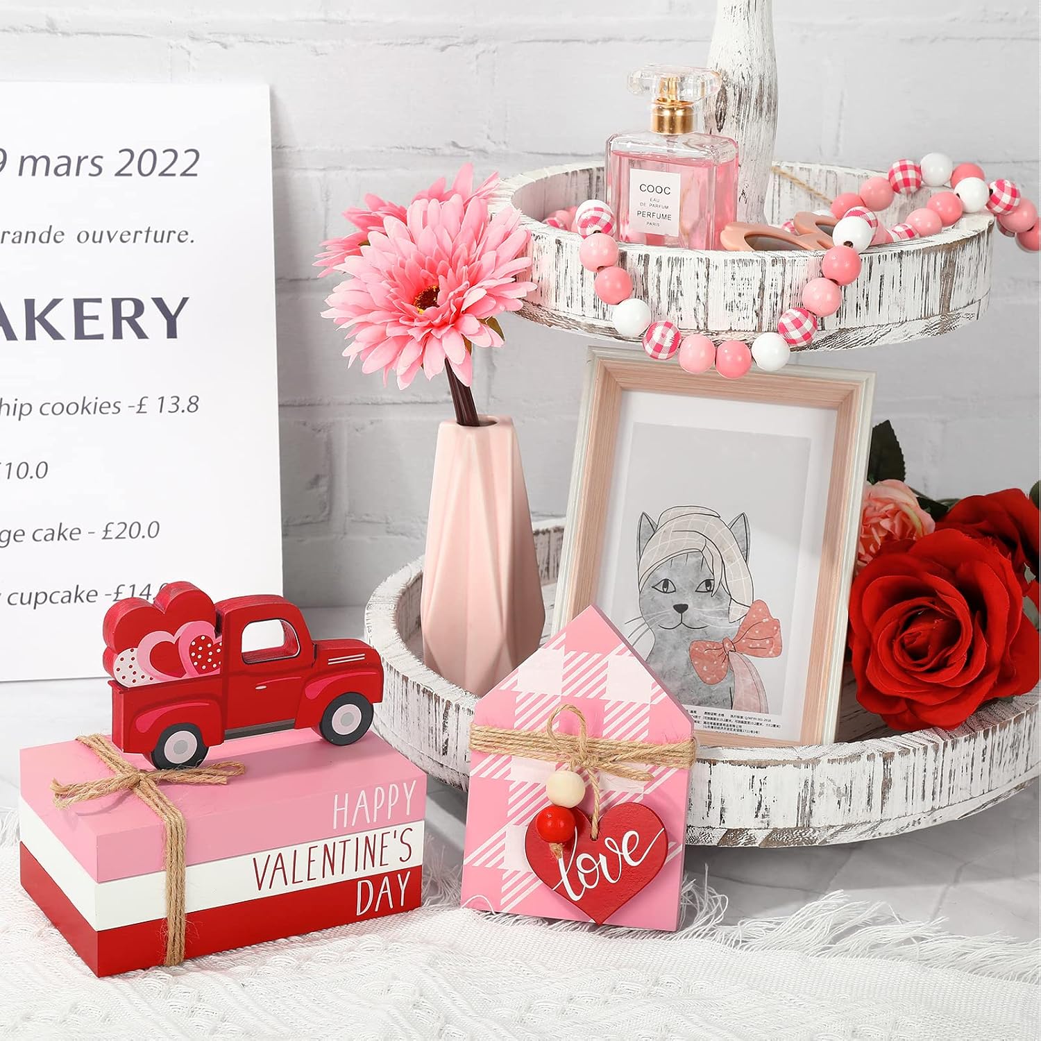 Valentine's Day Wooden Tiered Tray Decorative White Faux Stacked Books Wooden Block Sign / Pink