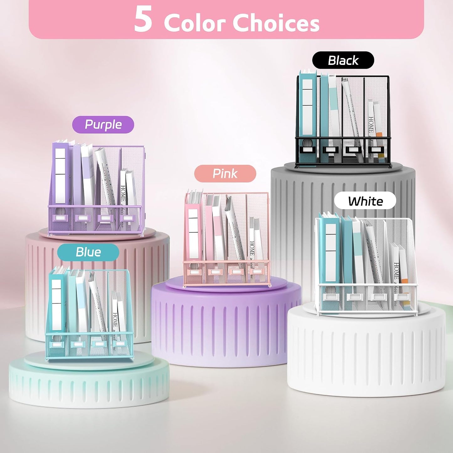 4-Compartment Magazine File Holder and File Organizer for Desk, Pink | Metal Magazine Holder and Magazine File Holder